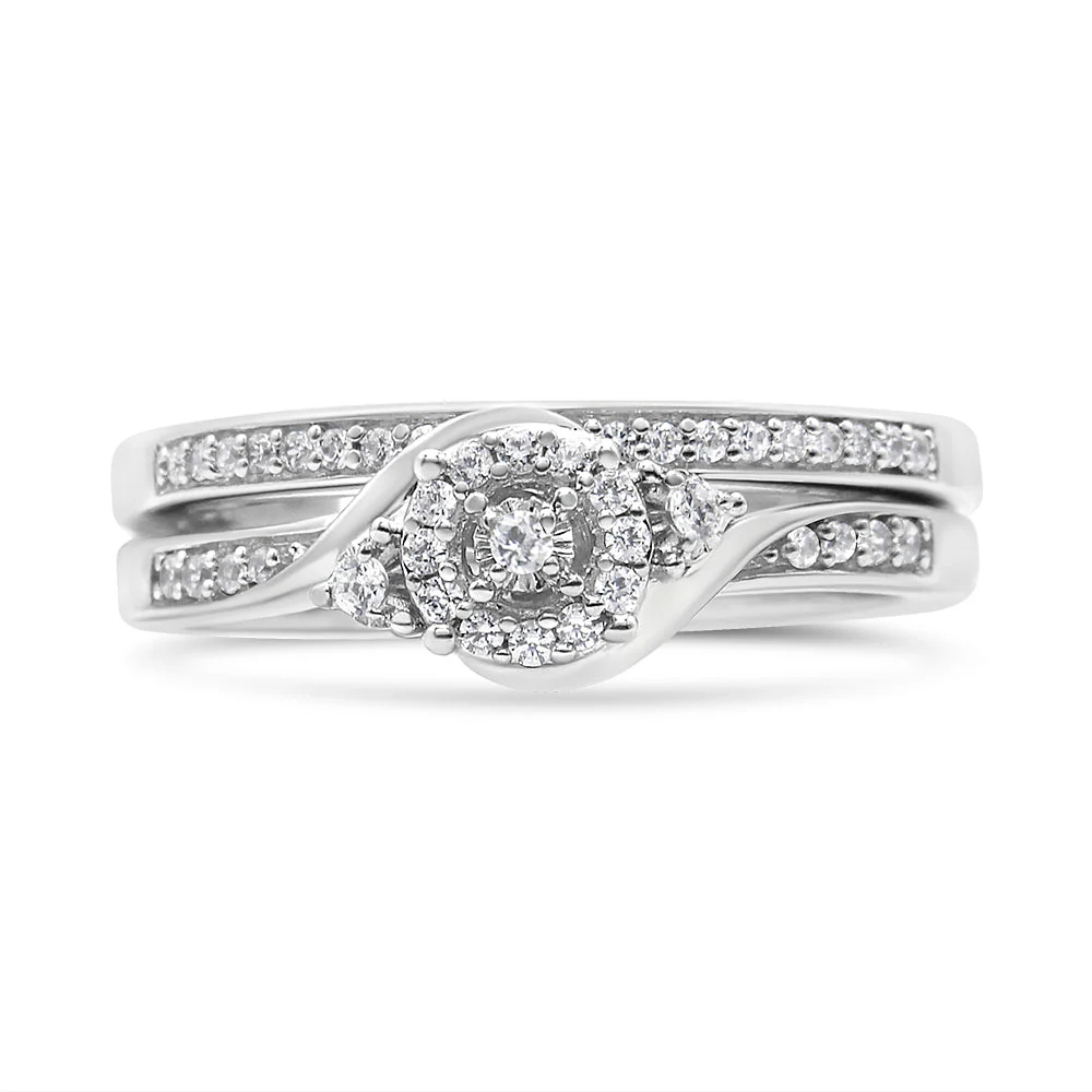 .925 Sterling Silver 1/4 Cttw Diamond Halo and Swirl Engagement Ring and Wedding Band Set (I-J Color, I3 Clarity)- Ring Size 7 - Image 8
