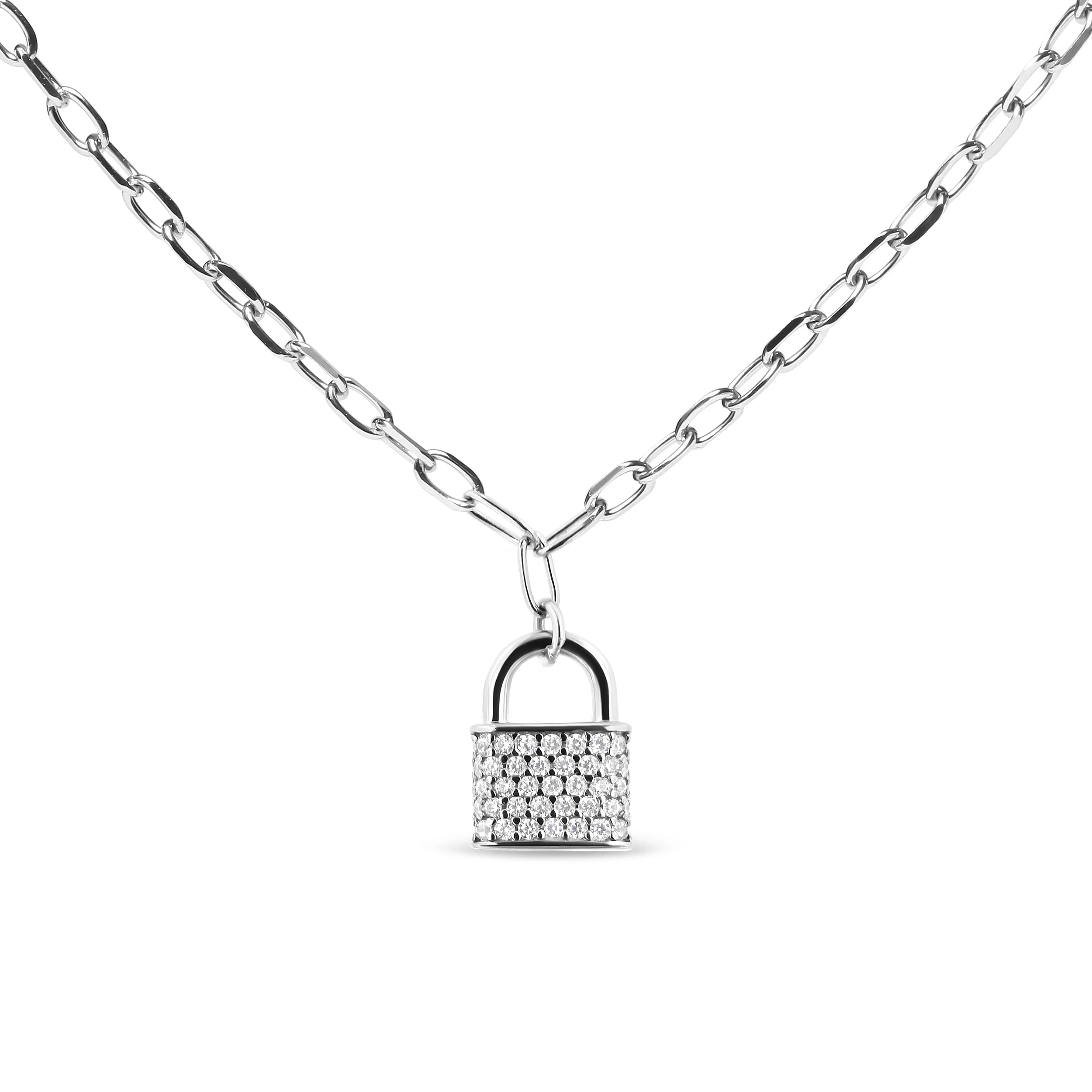 .925 Sterling Silver 1/4 Cttw Diamond Lock 18" Pendant Necklace with Paperclip Chain (H-I Color, SI2-I1 Clarity) - Image 5