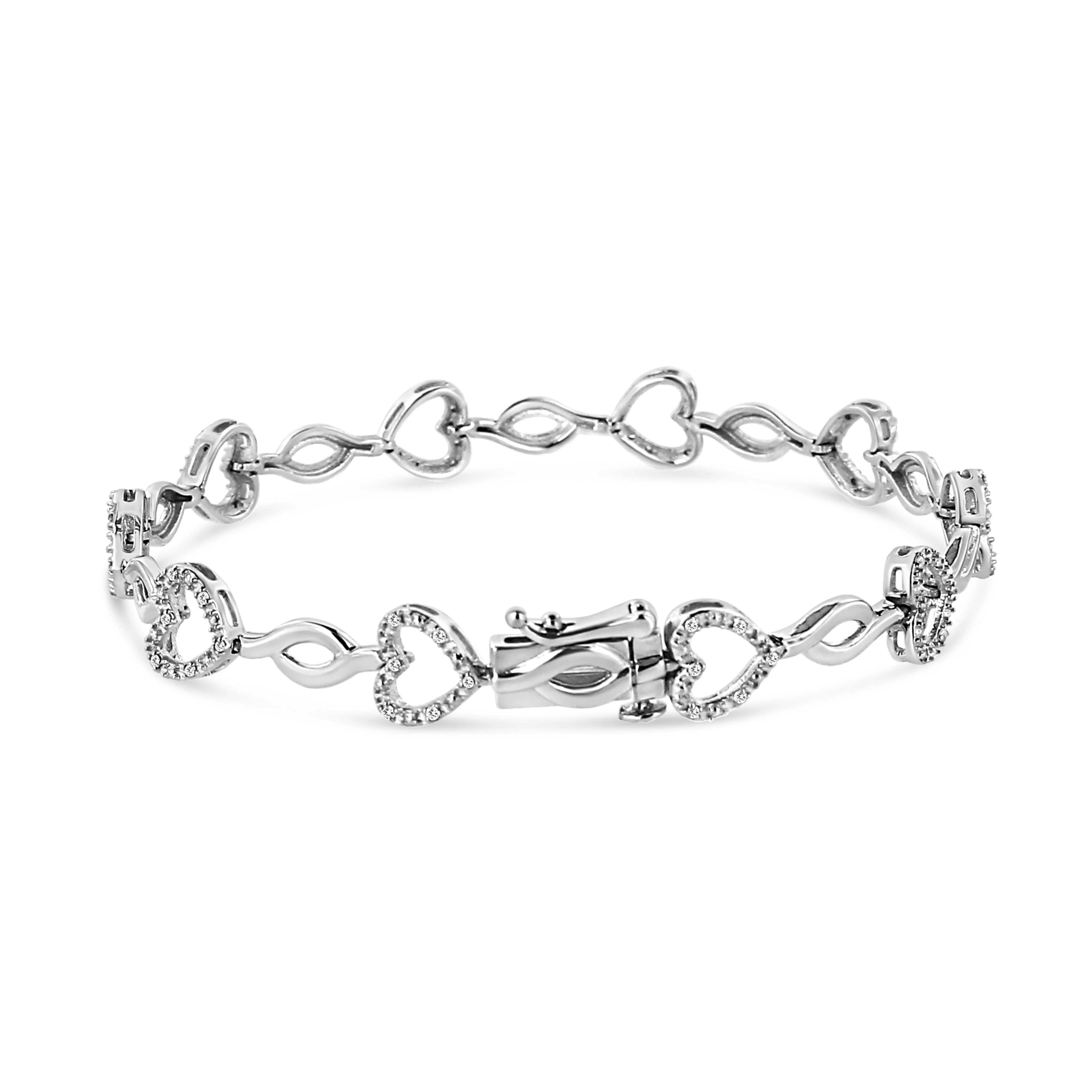 .925 Sterling Silver 1/4 Cttw Round-Cut Diamond Alternating Heart and Leaf Link Bracelet (I-J Color, I3 Clarity) - Size 7.25" - Image 2