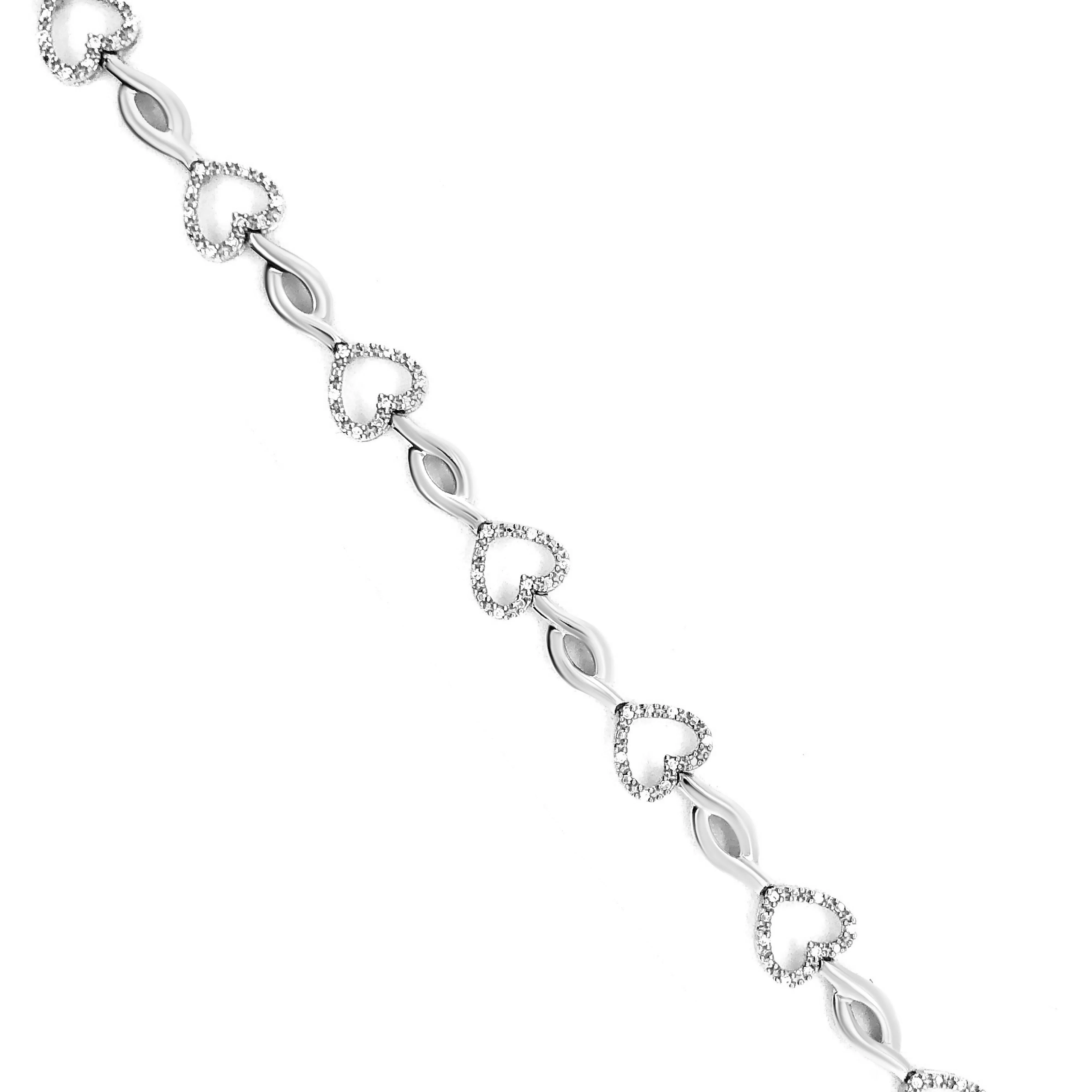 .925 Sterling Silver 1/4 Cttw Round-Cut Diamond Alternating Heart and Leaf Link Bracelet (I-J Color, I3 Clarity) - Size 7.25" - Image 3