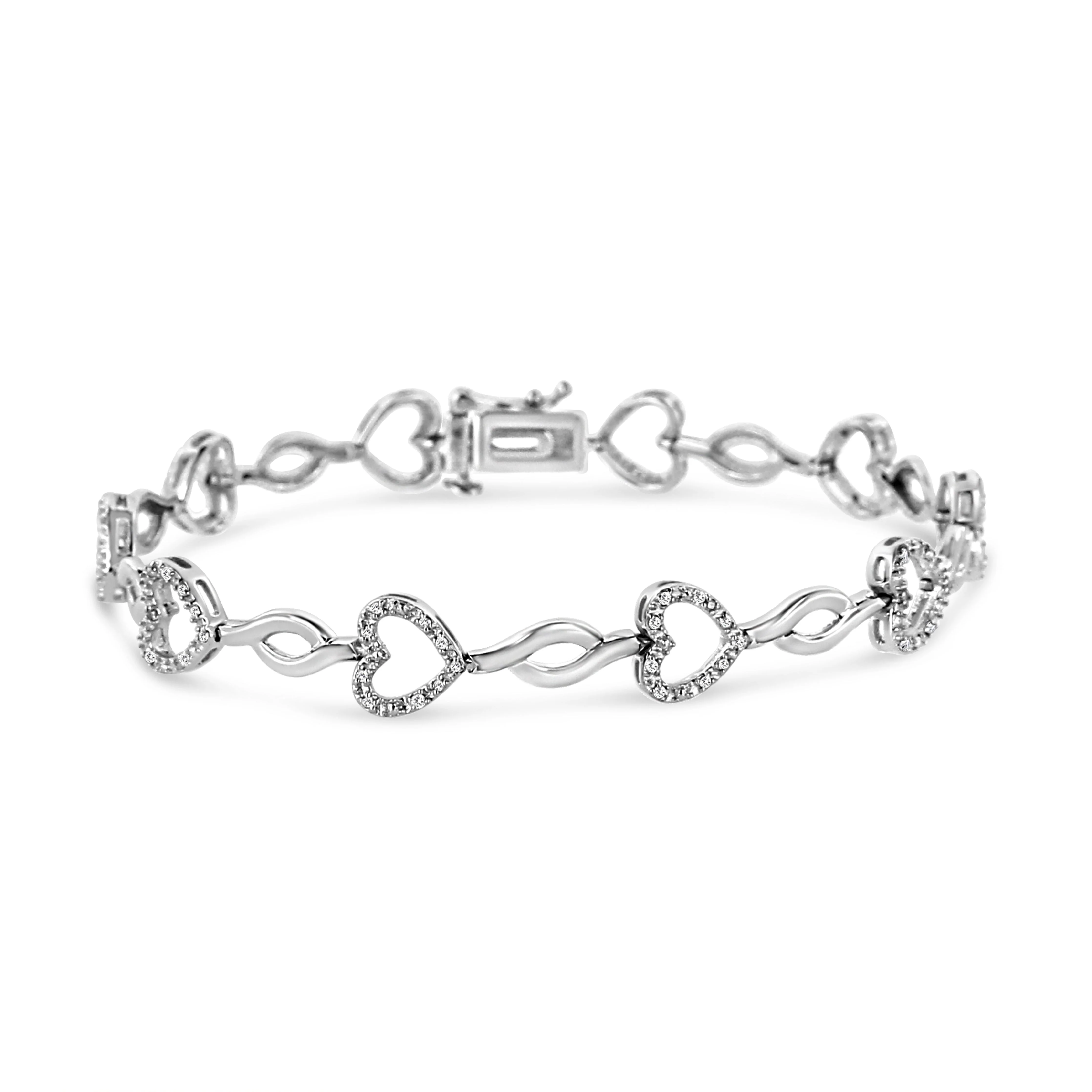 .925 Sterling Silver 1/4 Cttw Round-Cut Diamond Alternating Heart and Leaf Link Bracelet (I-J Color, I3 Clarity) - Size 7.25" - Image 4