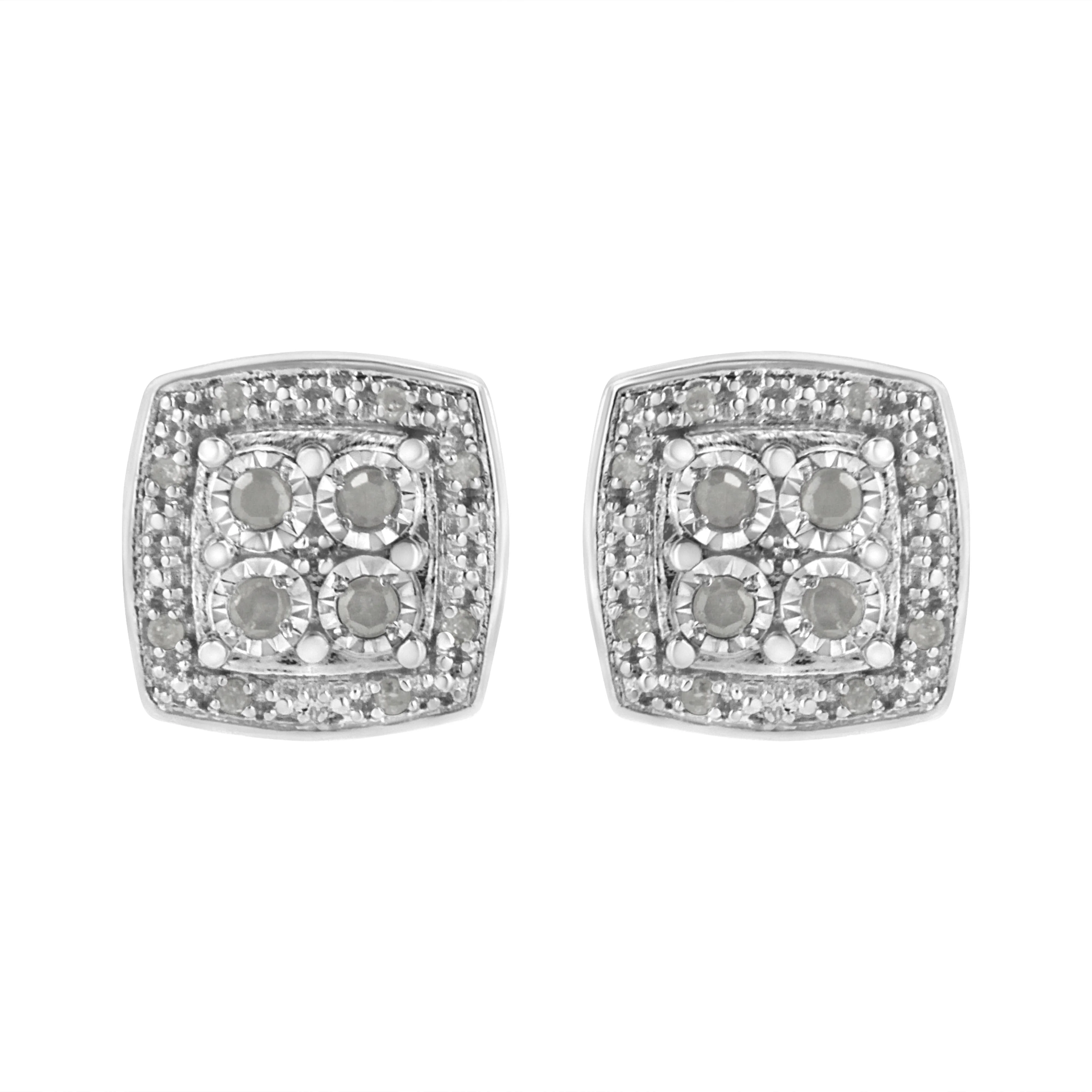 .925 Sterling Silver 1/4 cttw Round Cut Diamond Square Shape Milgrain Stud Earrings (I-J Color, I3 Clarity)