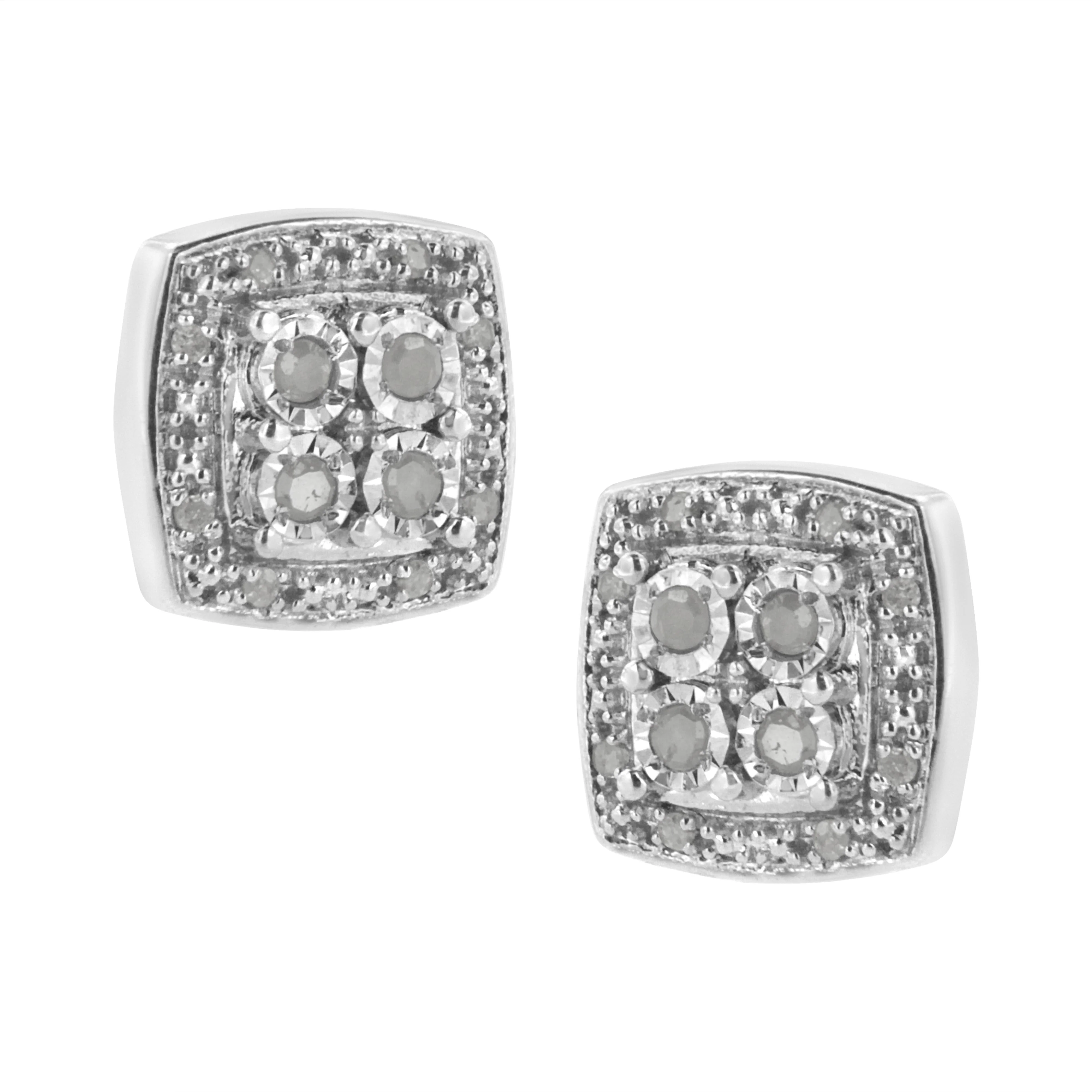 .925 Sterling Silver 1/4 cttw Round Cut Diamond Square Shape Milgrain Stud Earrings (I-J Color, I3 Clarity) - Image 2