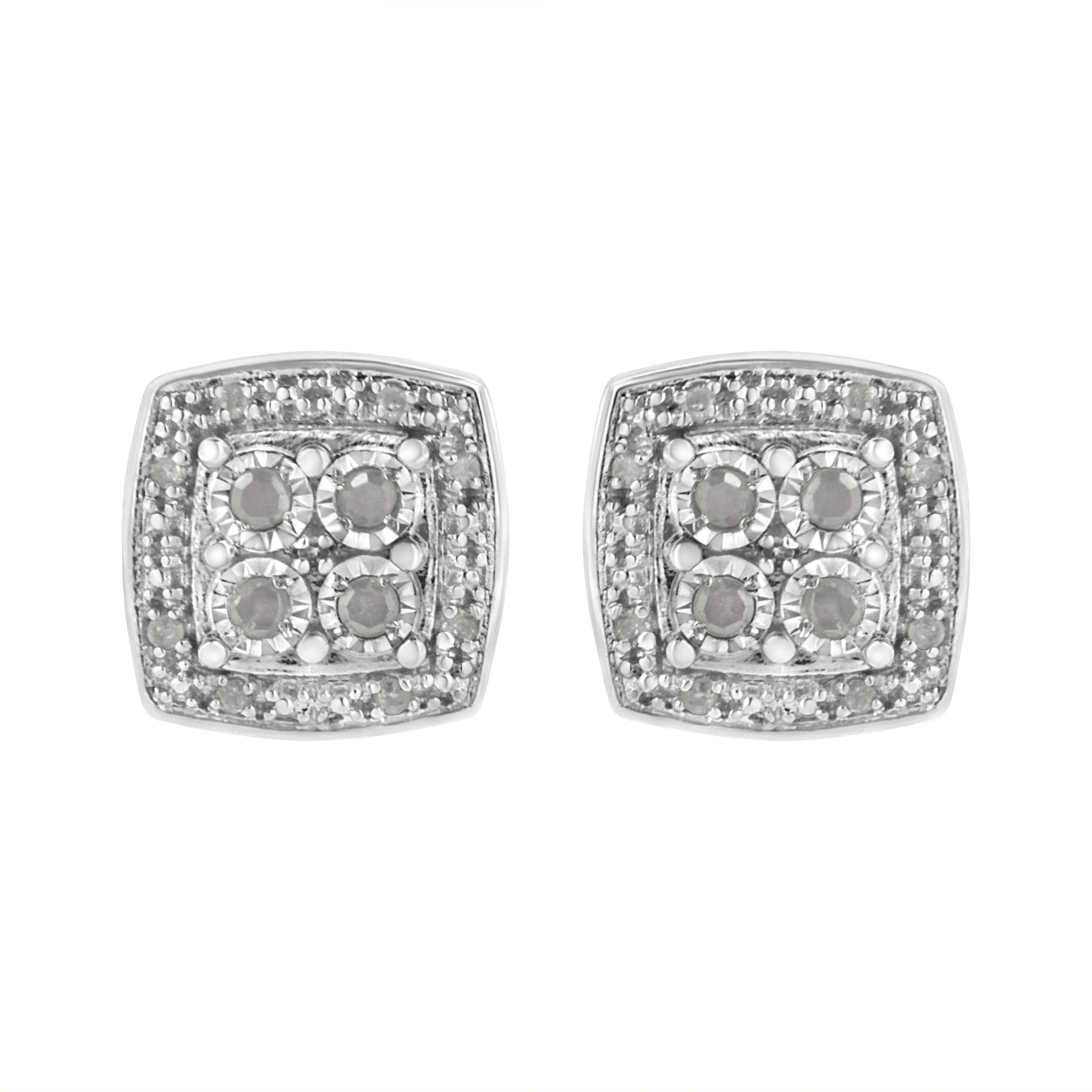 .925 Sterling Silver 1/4 cttw Round Cut Diamond Square Shape Milgrain Stud Earrings (I-J Color, I3 Clarity) - Image 5