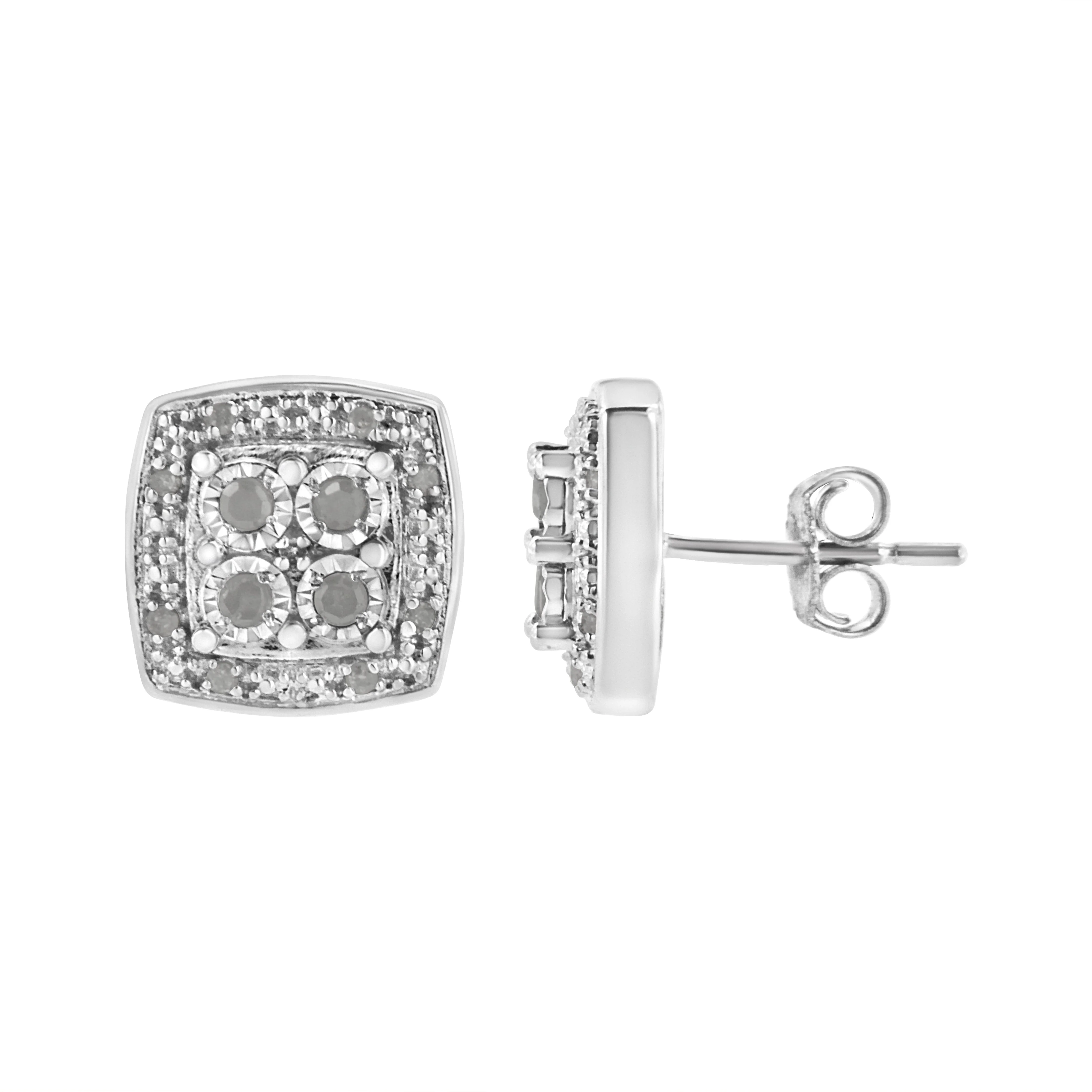.925 Sterling Silver 1/4 cttw Round Cut Diamond Square Shape Milgrain Stud Earrings (I-J Color, I3 Clarity) - Image 7