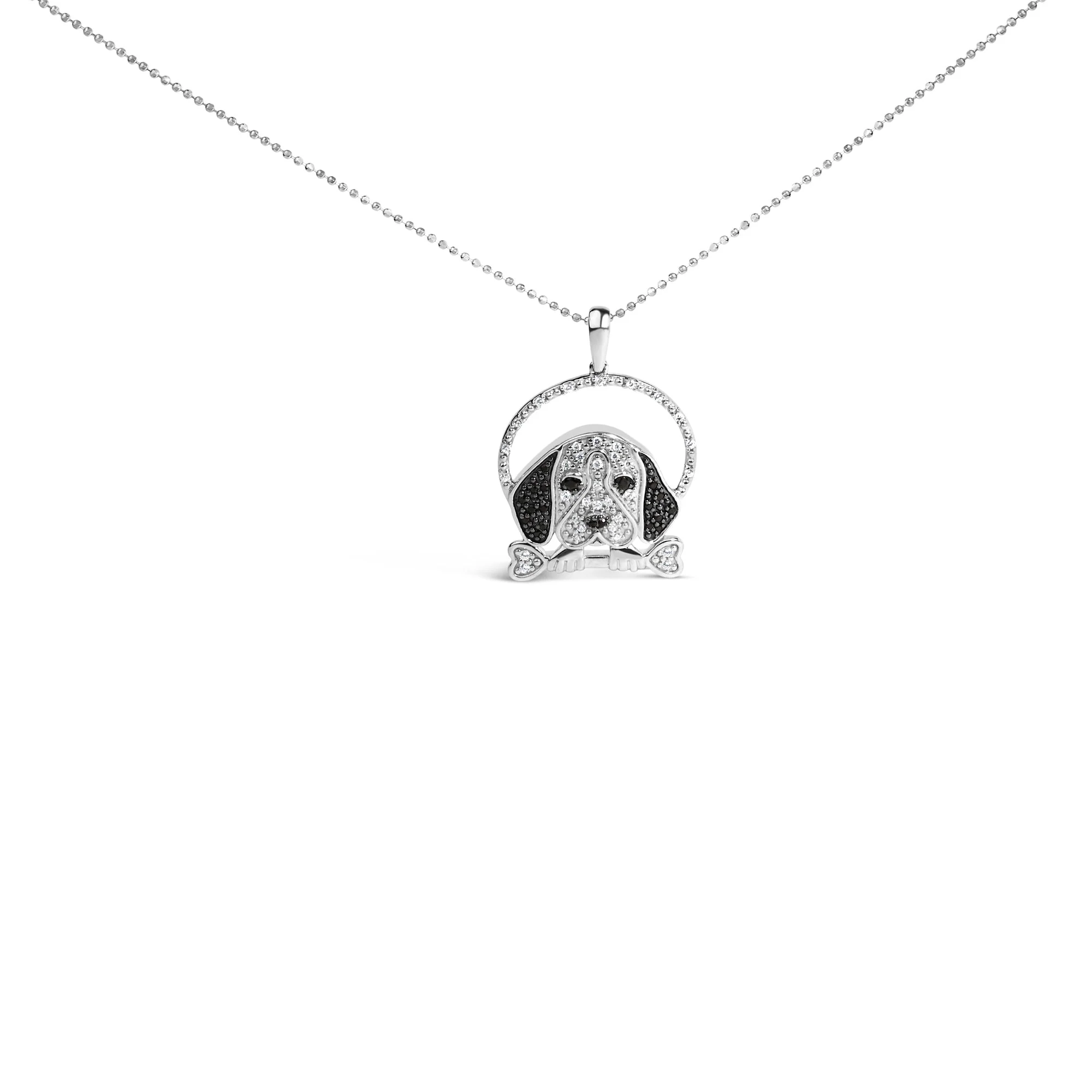 .925 Sterling Silver 1/4 Cttw White and Black Diamond Beagle Dog and Bone Pendant Necklace (I-J Color, I2-I3 Clarity) - 18" Inches - Image 2