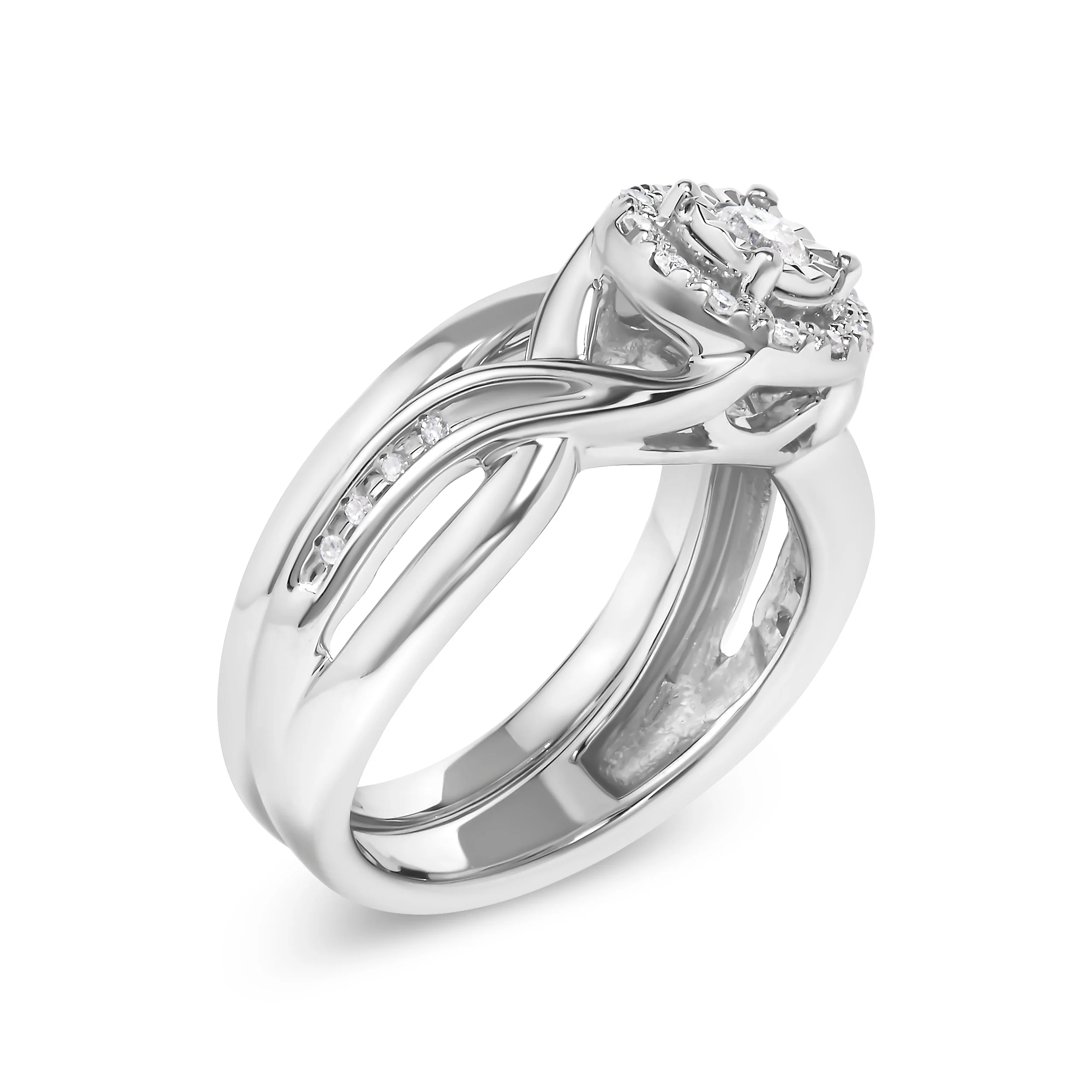 .925 Sterling Silver 1/7 Cttw Diamond Halo Bypass Engagement Ring and Wedding Band Set (I-J Color, I3 Clarity)- Size 7 - Image 3