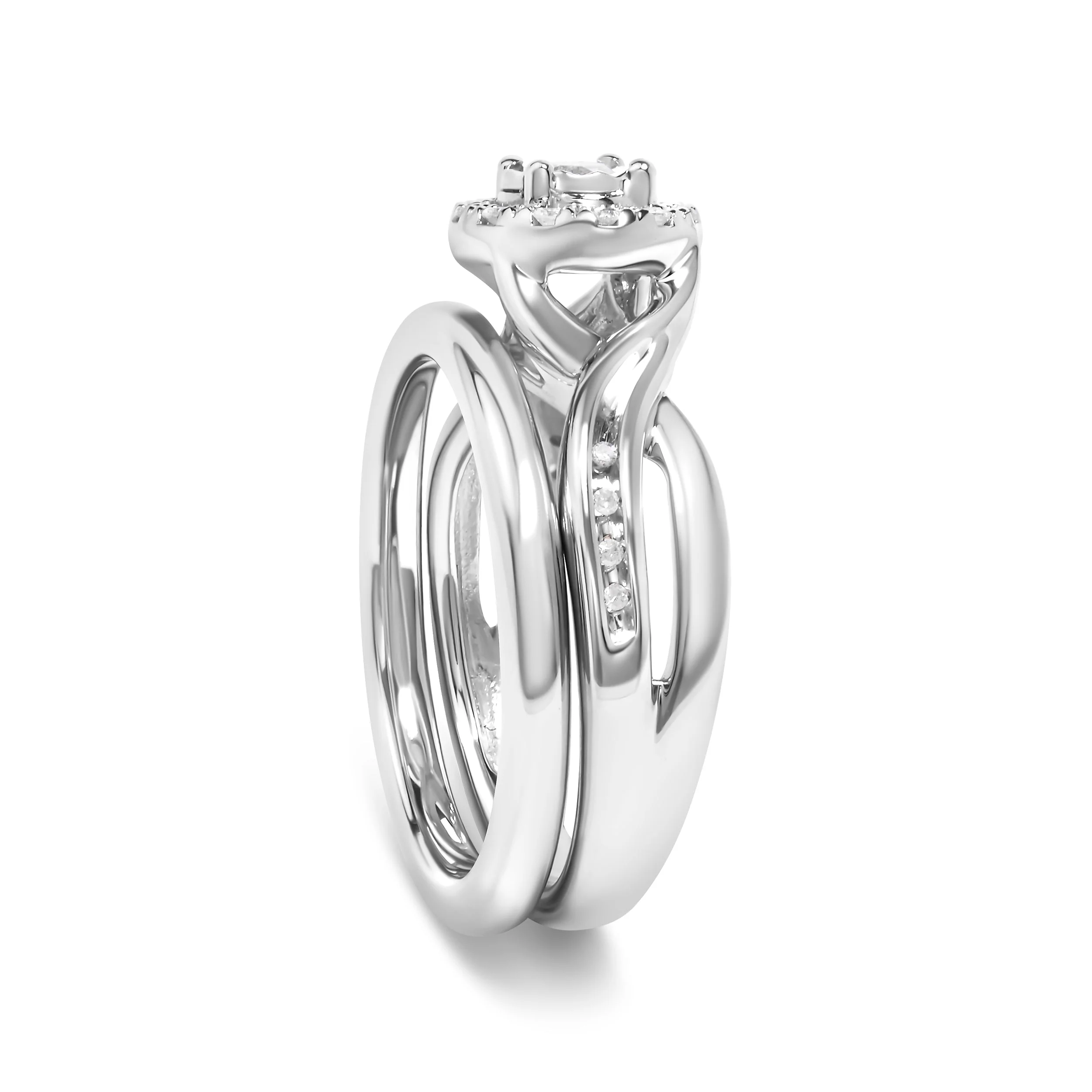 .925 Sterling Silver 1/7 Cttw Diamond Halo Bypass Engagement Ring and Wedding Band Set (I-J Color, I3 Clarity)- Size 7 - Image 4