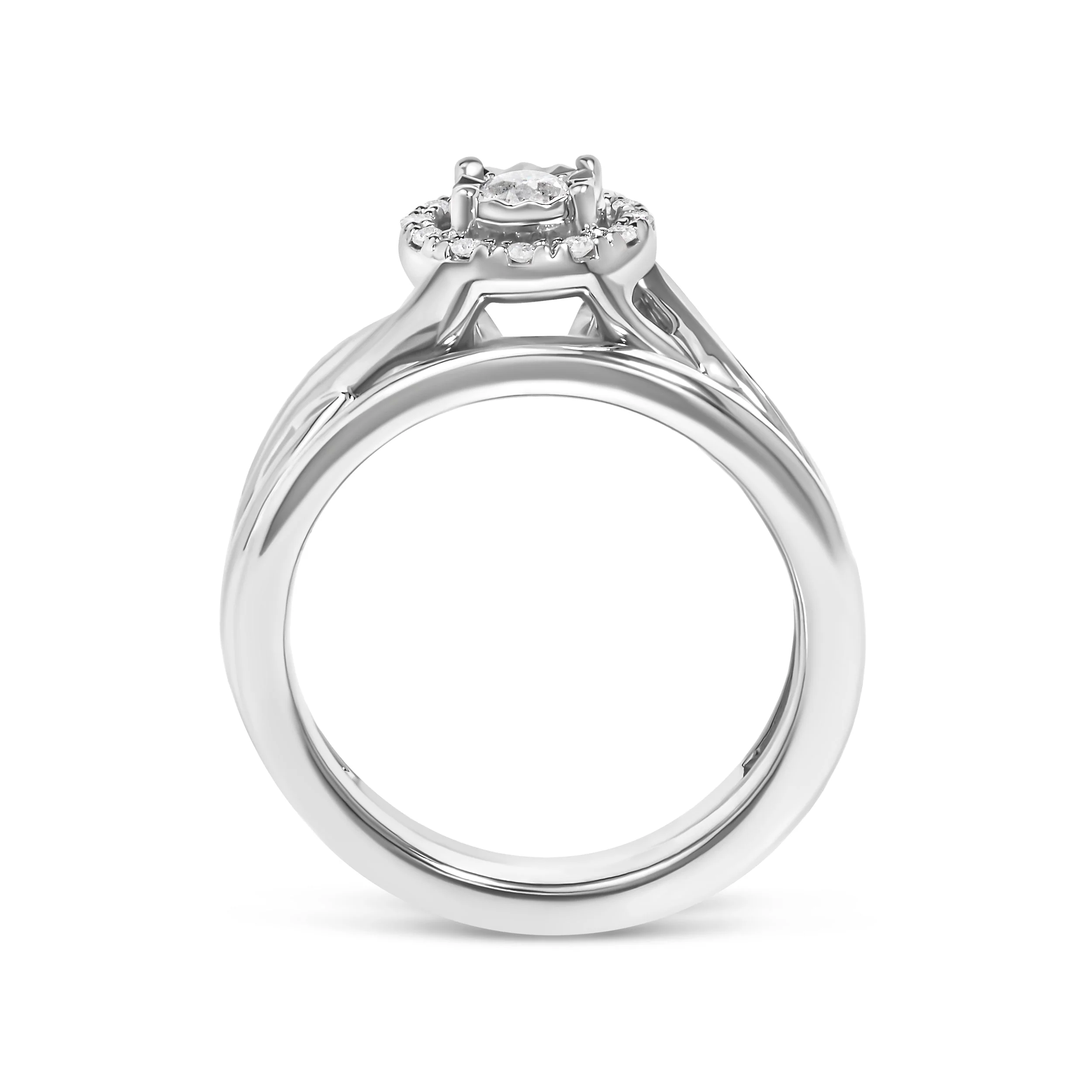 .925 Sterling Silver 1/7 Cttw Diamond Halo Bypass Engagement Ring and Wedding Band Set (I-J Color, I3 Clarity)- Size 7 - Image 5