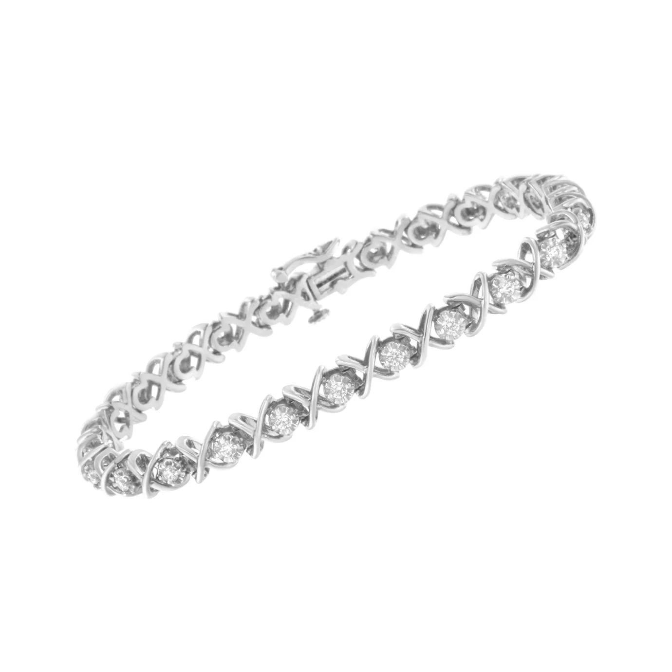 .925 Sterling Silver 1 cttw Brilliant Round-Cut Diamond "X" Link Bracelet (I-J Clarity, I2-I3 Color) - Size 7" - Image 3