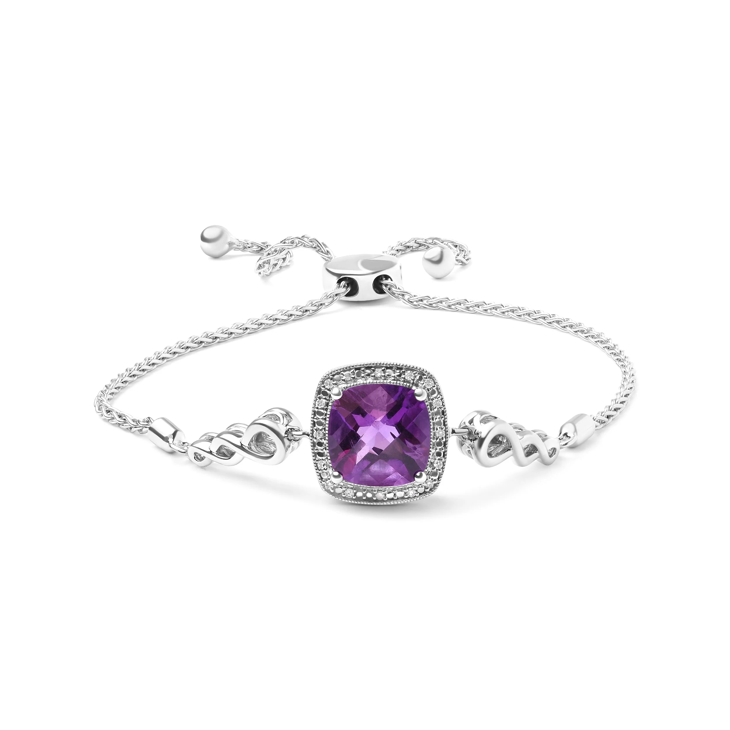 .925 Sterling Silver 10mm Cushion Cut Amethyst Gemstone and Diamond Accent Lariat 4â€-10†Adjustable Bolo Bracelet (H-I Color, SI1-SI2 Clarity)