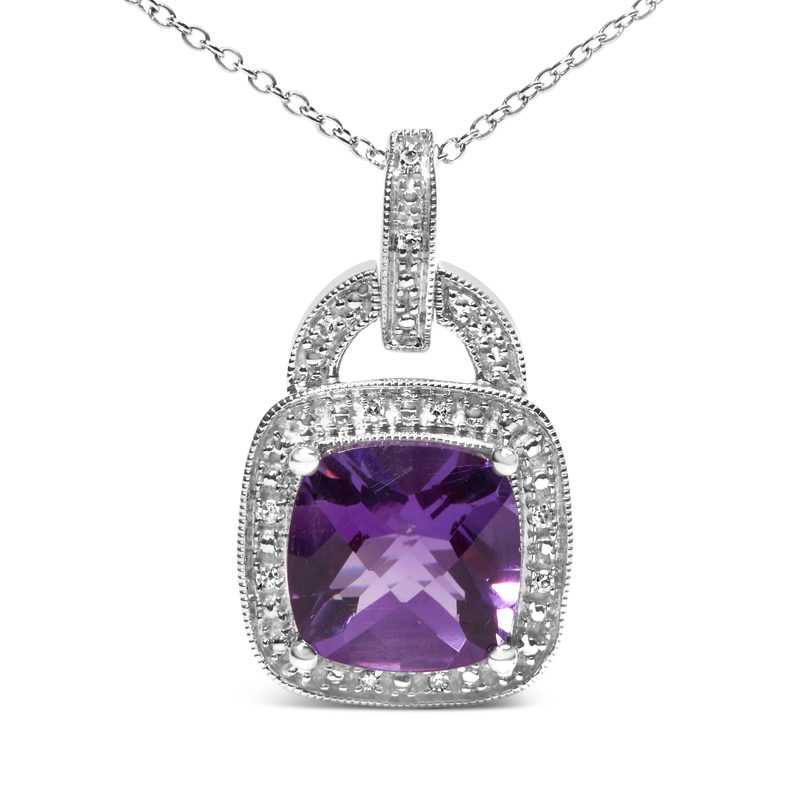 .925 Sterling Silver 10X10 MM Cushion Purple Amethyst and Diamond Accent Halo 18" Pendant Necklace (I-J Color, I1-I2 Clarity) - Image 2