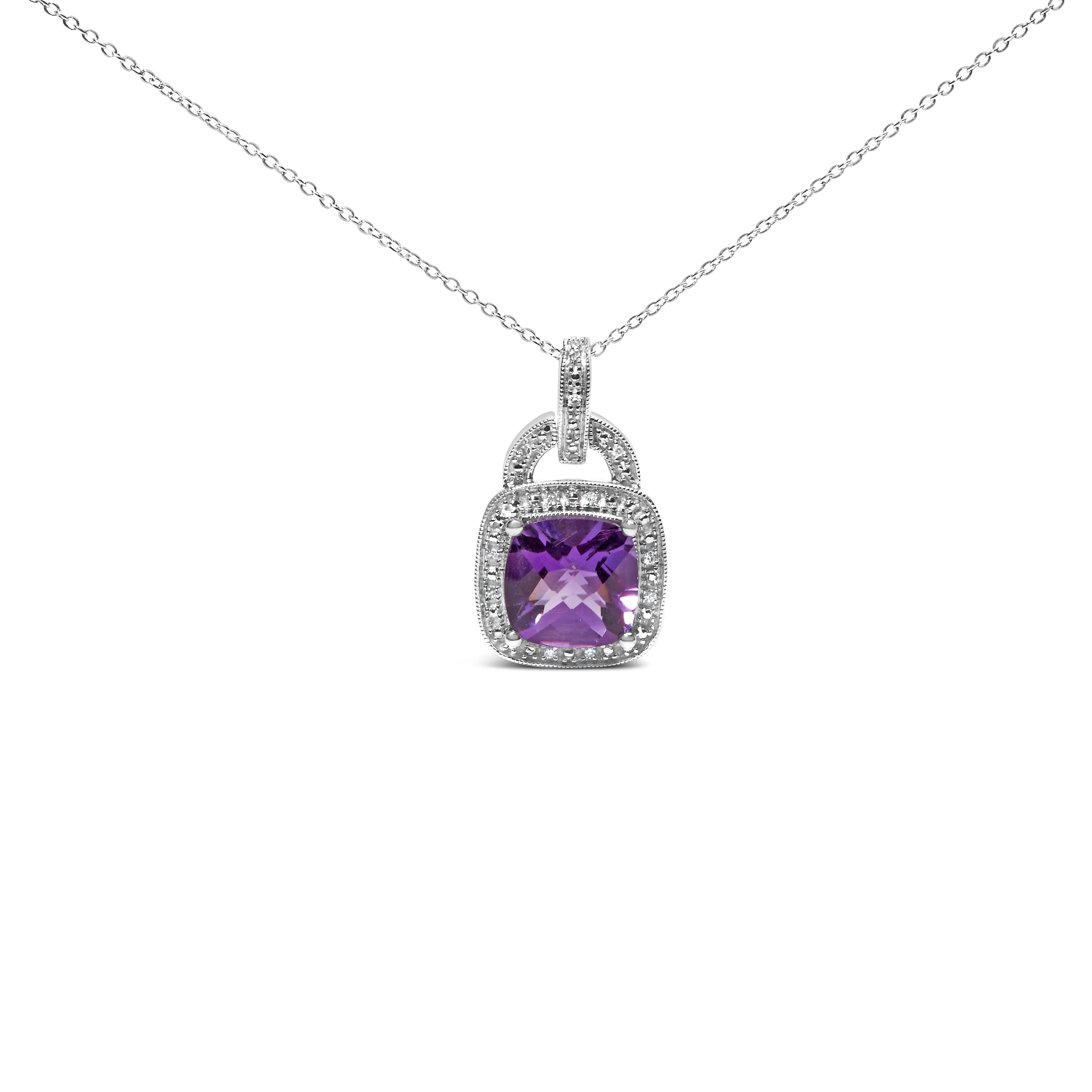 .925 Sterling Silver 10X10 MM Cushion Purple Amethyst and Diamond Accent Halo 18" Pendant Necklace (I-J Color, I1-I2 Clarity) - Image 4