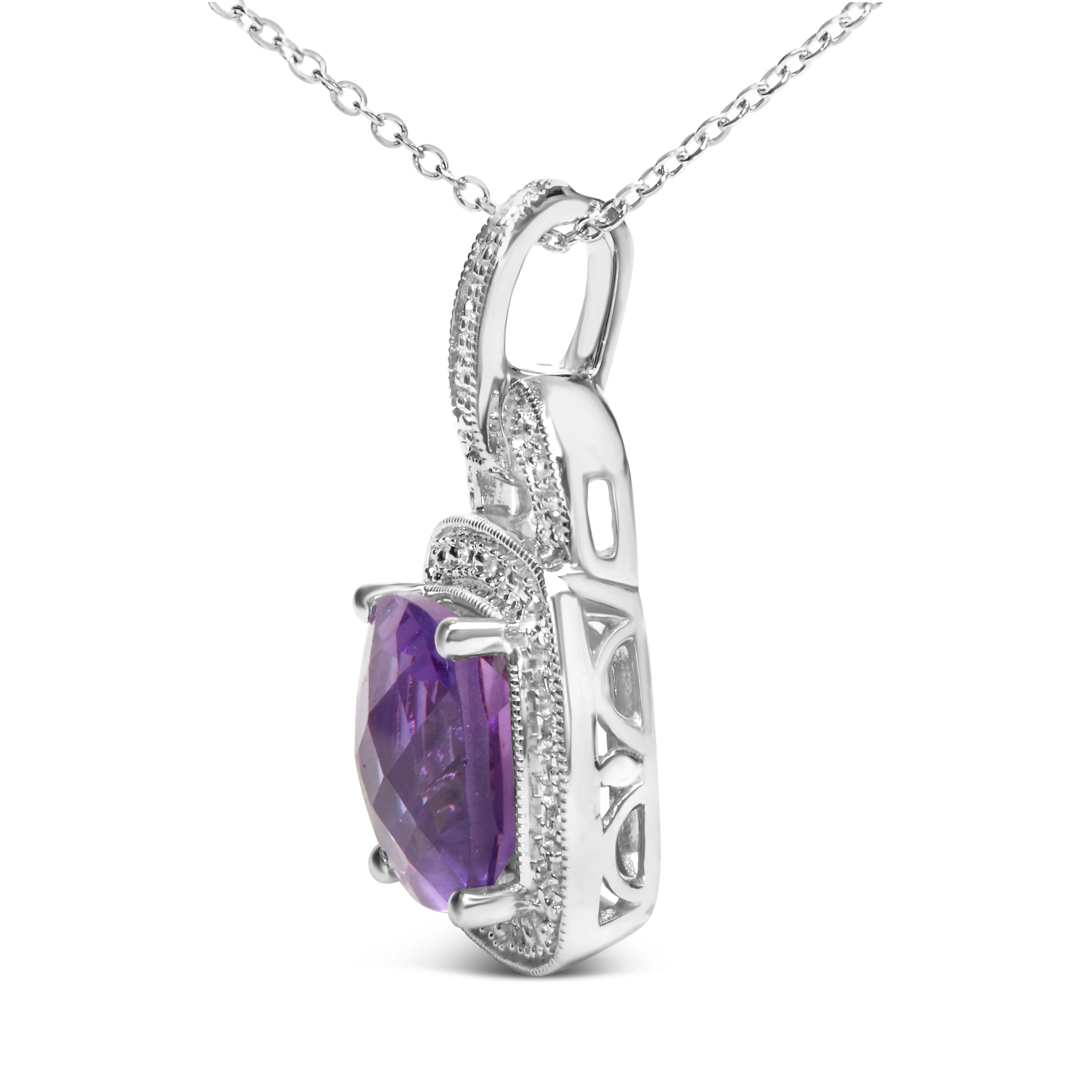 .925 Sterling Silver 10X10 MM Cushion Purple Amethyst and Diamond Accent Halo 18" Pendant Necklace (I-J Color, I1-I2 Clarity) - Image 6