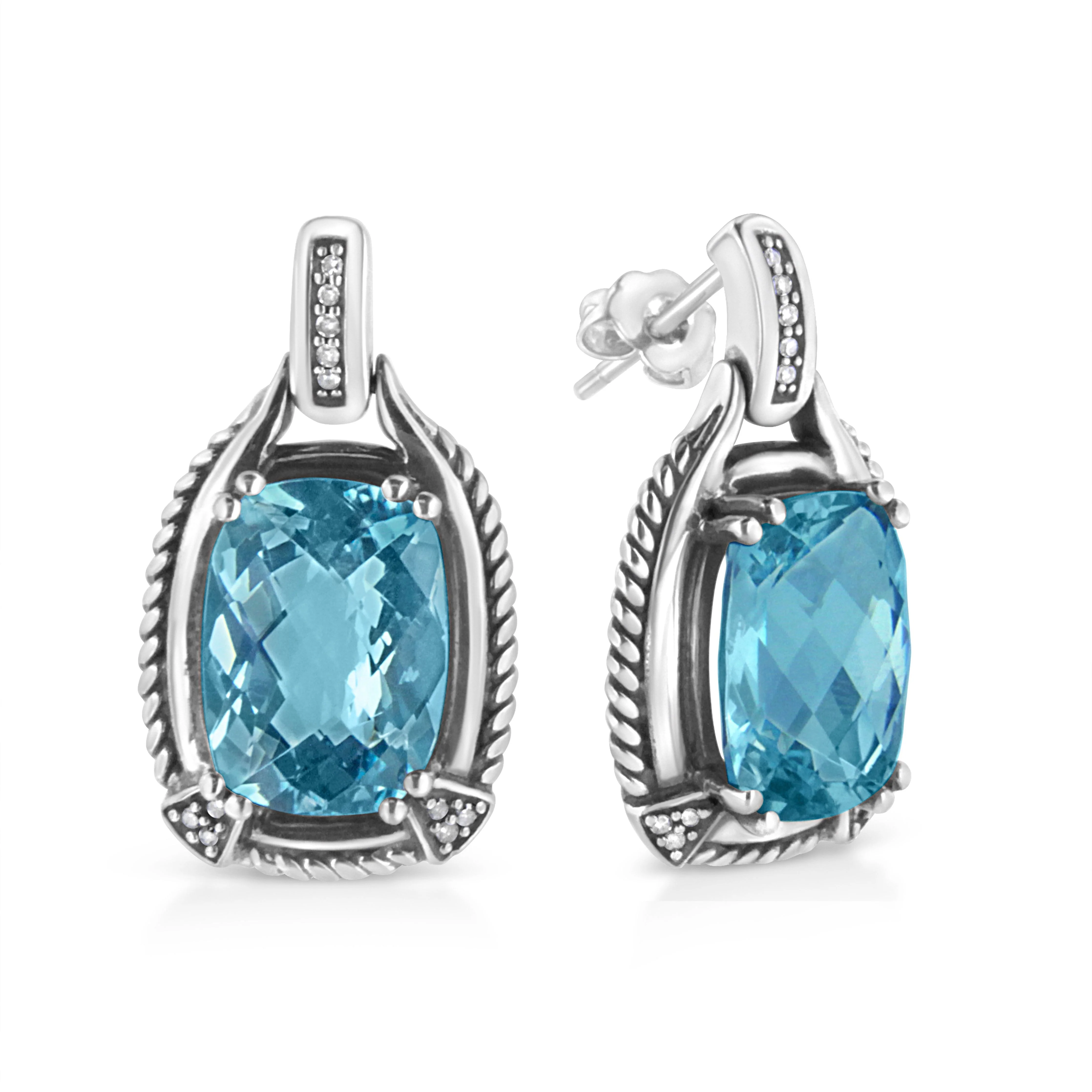 .925 Sterling Silver 14x10MM Cushion Cut Blue Topaz Gemstone and Diamond Accent Dangle Earring (I-J Color, I1-I2 Clarity) - Image 7