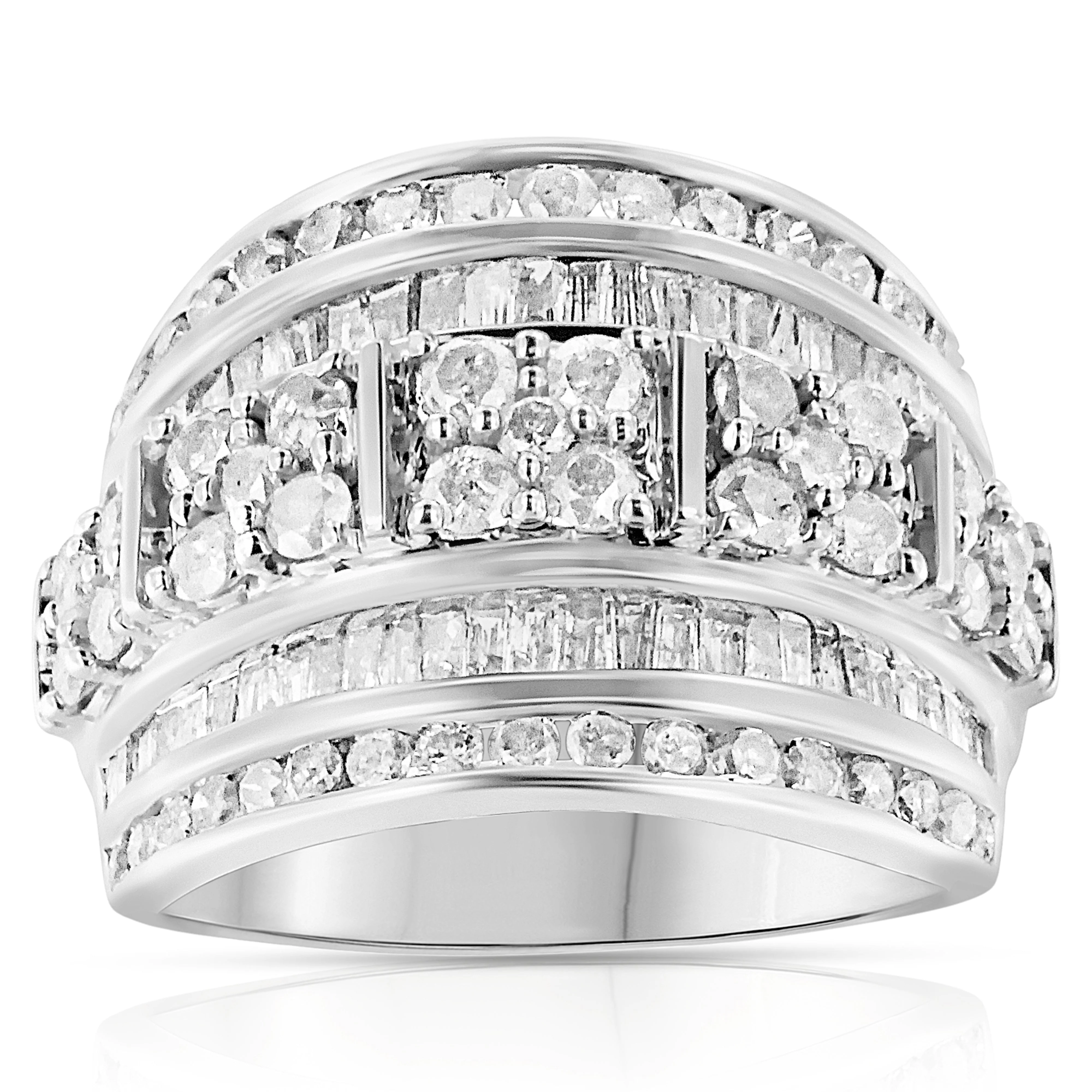 .925 Sterling Silver 2.0 Cttw Round & Baguette Cut Diamond Multi-Row Channel Set Tapered Cocktail Fashion Ring (I-J Color, I3 Clarity) - Size 7 - Image 2