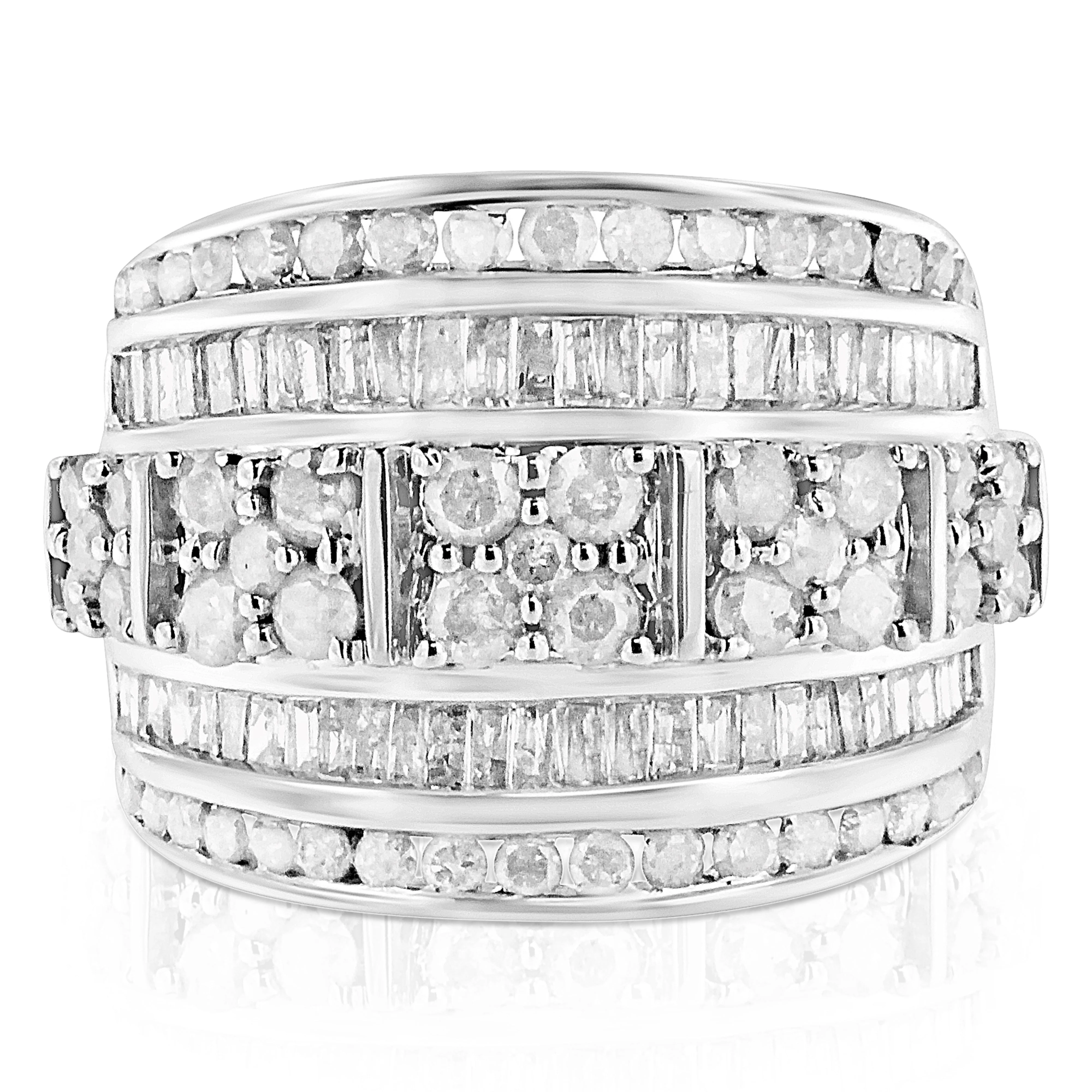 .925 Sterling Silver 2.0 Cttw Round & Baguette Cut Diamond Multi-Row Channel Set Tapered Cocktail Fashion Ring (I-J Color, I3 Clarity) - Size 7 - Image 4