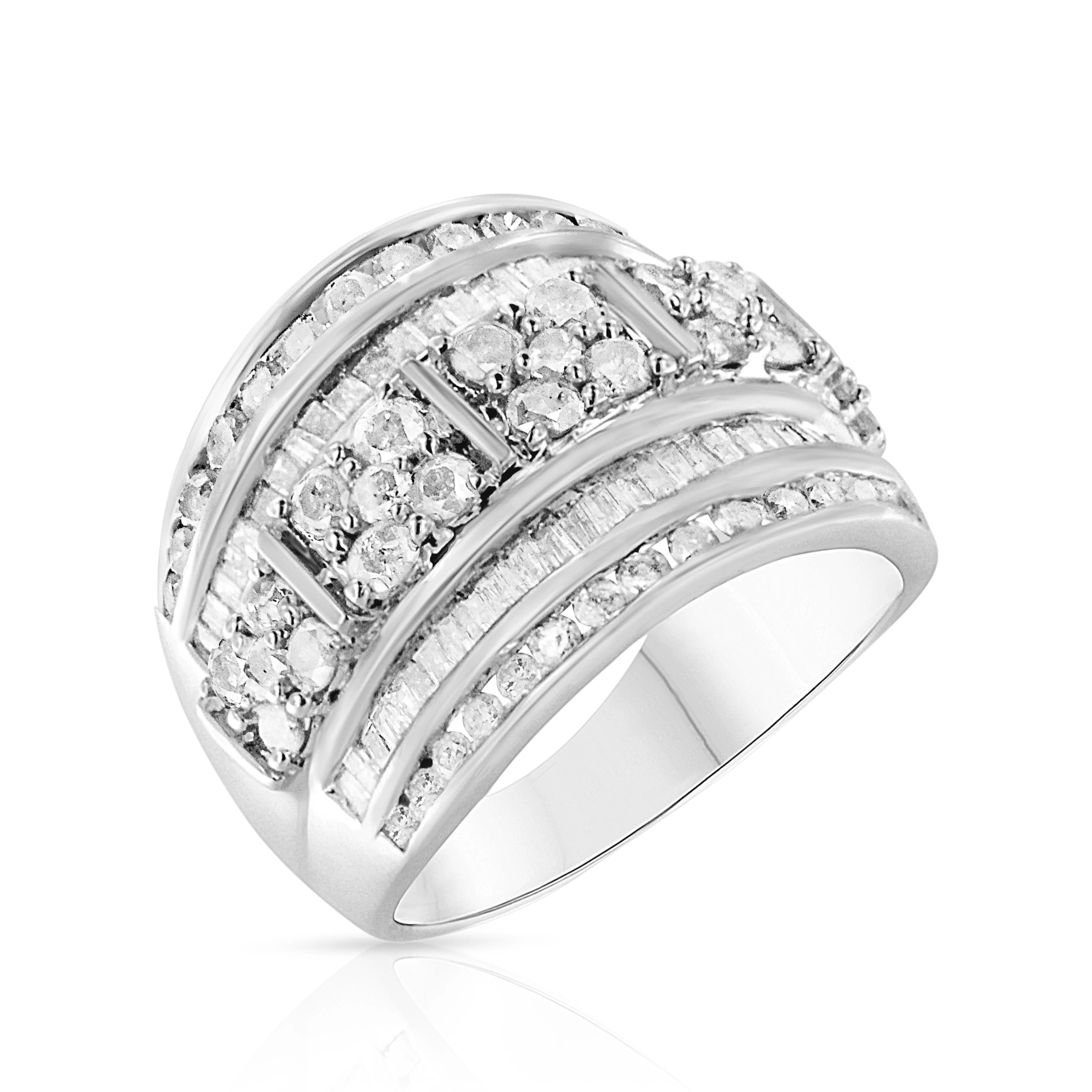 .925 Sterling Silver 2.0 Cttw Round & Baguette Cut Diamond Multi-Row Channel Set Tapered Cocktail Fashion Ring (I-J Color, I3 Clarity) - Size 7 - Image 8