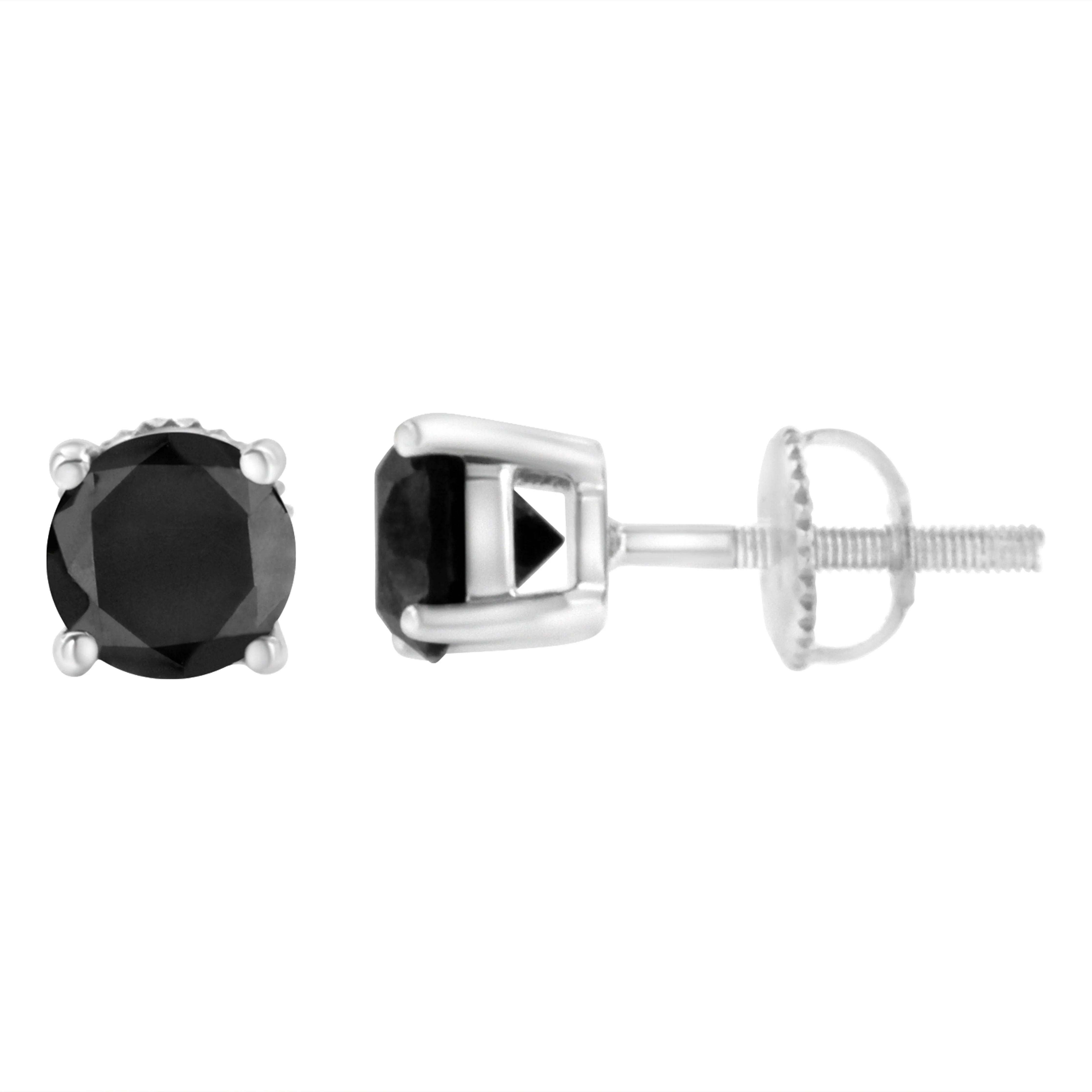 .925 Sterling Silver 2.00 Cttw Round Brilliant-Cut Black Diamond Classic 4-Prong Stud Earrings with Screw Backs (Fancy Color-Enhanced, I2-I3 Clarity) - Image 2