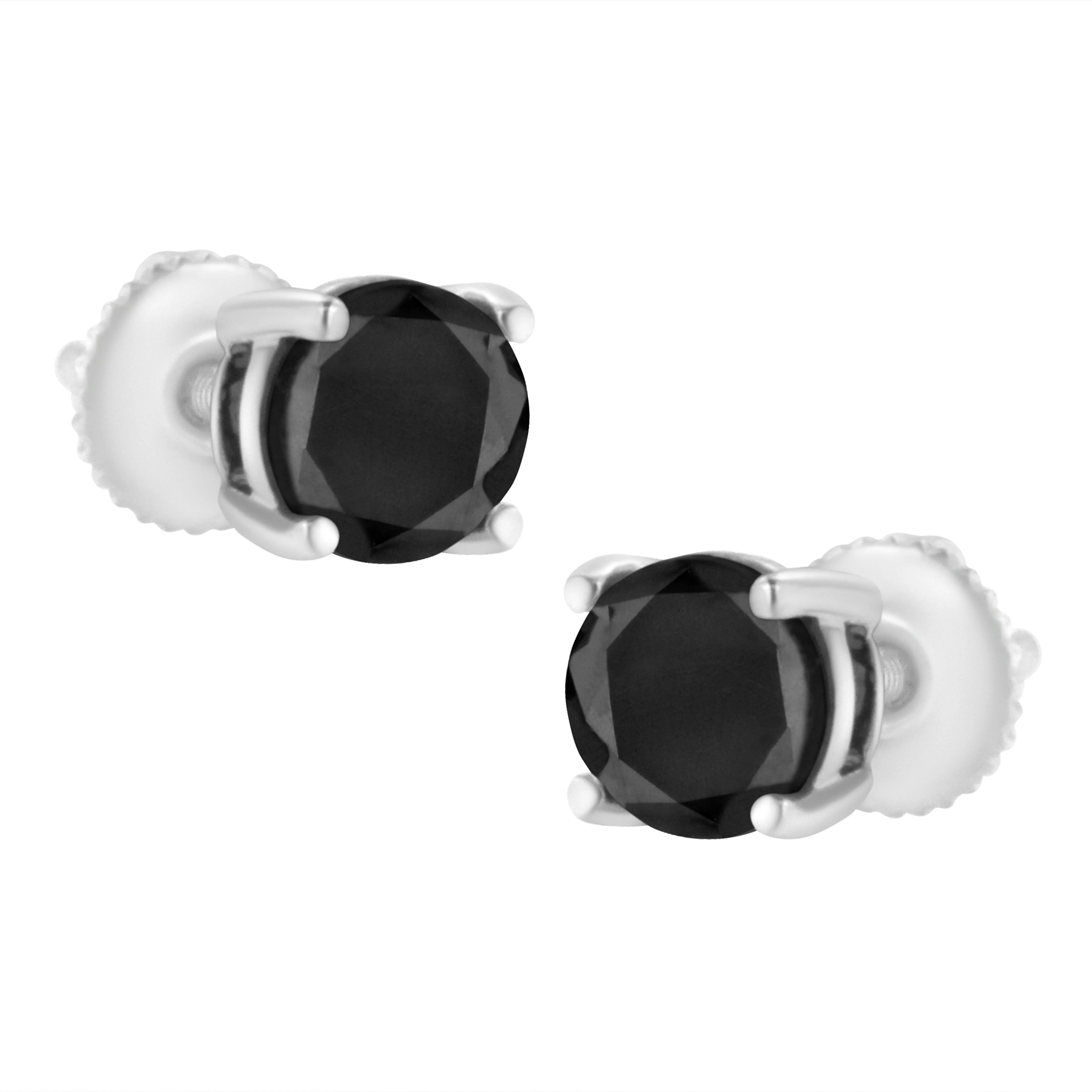 .925 Sterling Silver 2.00 Cttw Round Brilliant-Cut Black Diamond Classic 4-Prong Stud Earrings with Screw Backs (Fancy Color-Enhanced, I2-I3 Clarity) - Image 3
