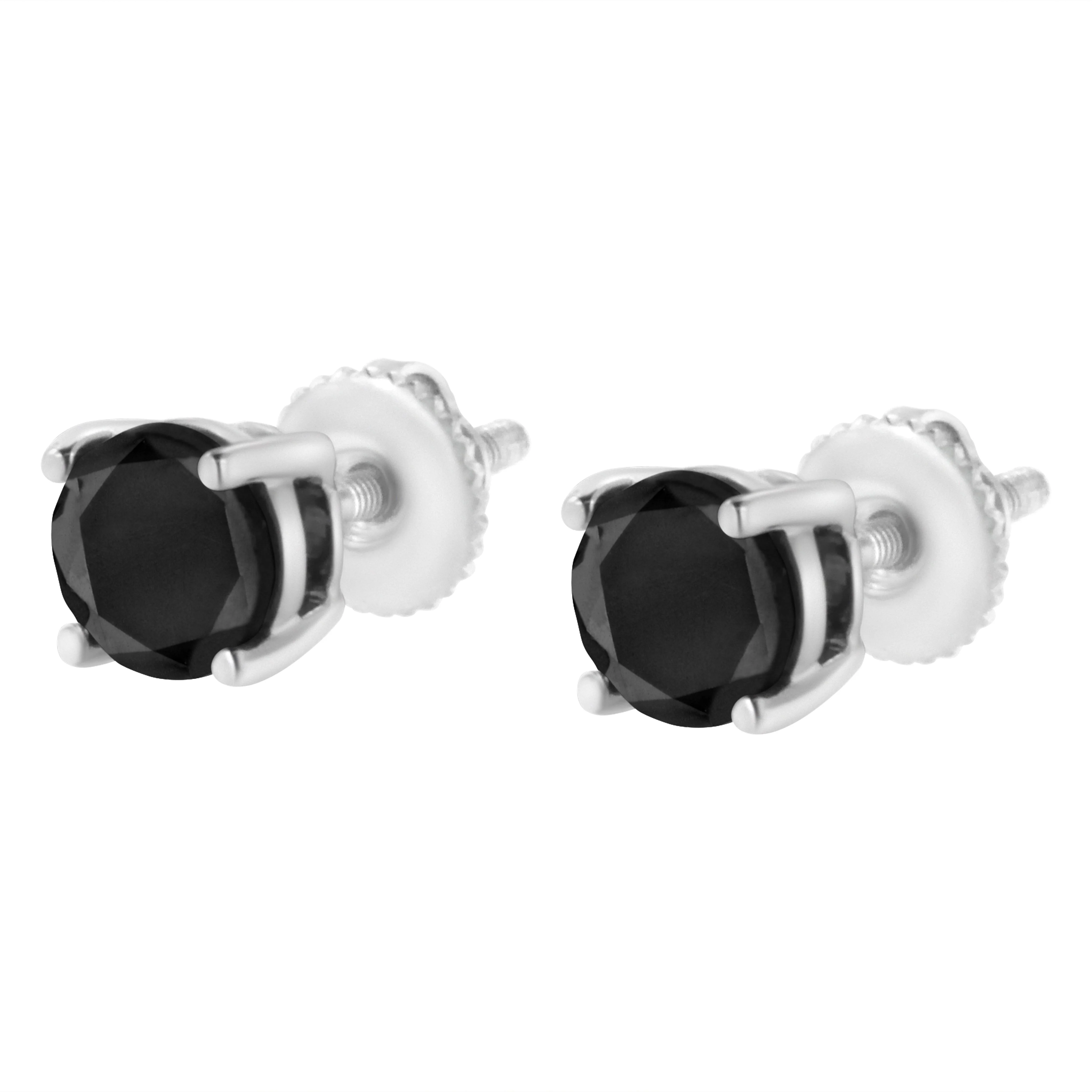 .925 Sterling Silver 2.00 Cttw Round Brilliant-Cut Black Diamond Classic 4-Prong Stud Earrings with Screw Backs (Fancy Color-Enhanced, I2-I3 Clarity) - Image 4