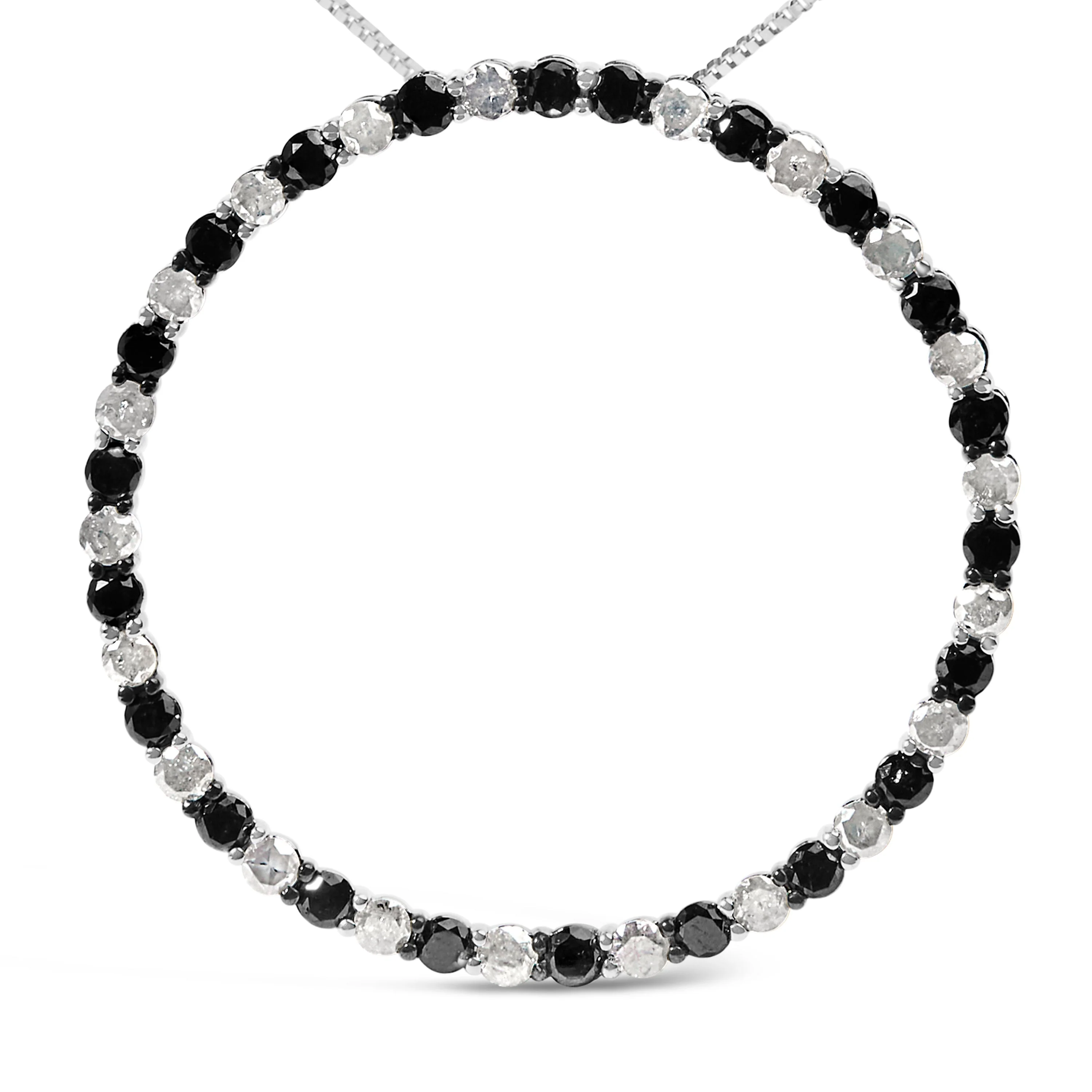 .925 Sterling Silver 3.0 Cttw Alternating Black and White Diamond Open Hoop Circle Pendant Necklace (H-I Color, I3 Clarity) - 18" Inches - Image 2