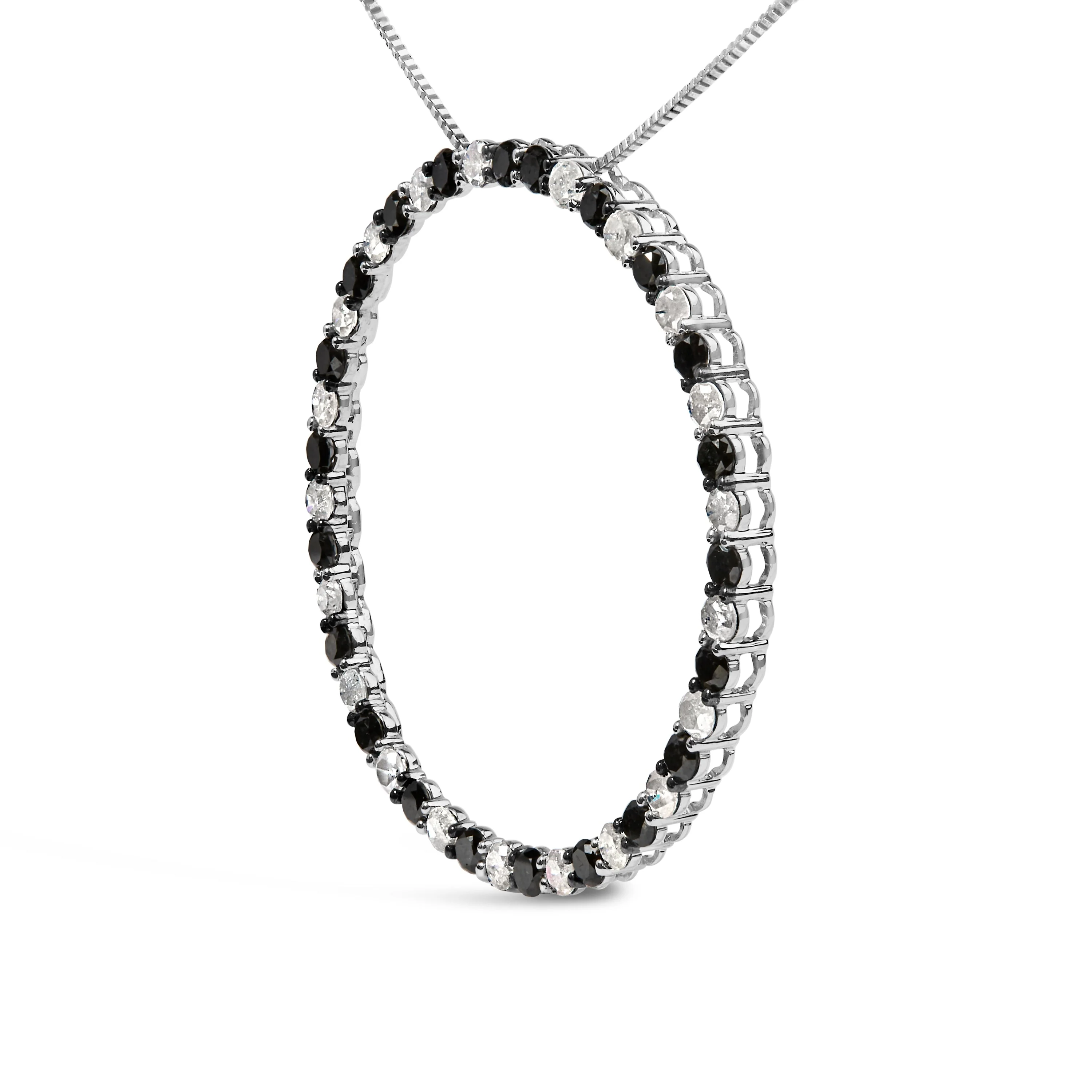 .925 Sterling Silver 3.0 Cttw Alternating Black and White Diamond Open Hoop Circle Pendant Necklace (H-I Color, I3 Clarity) - 18" Inches - Image 3