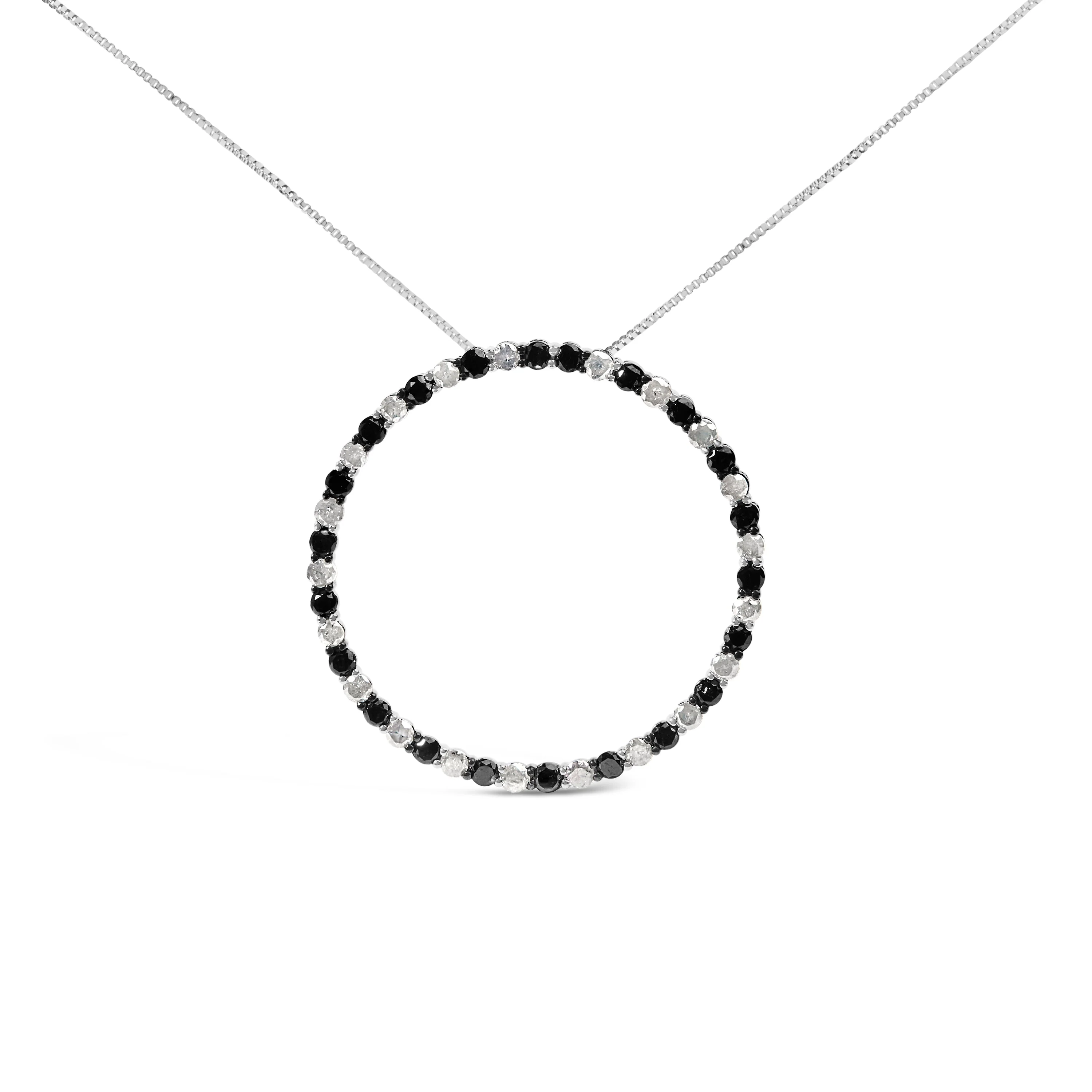 .925 Sterling Silver 3.0 Cttw Alternating Black and White Diamond Open Hoop Circle Pendant Necklace (H-I Color, I3 Clarity) - 18" Inches - Image 4