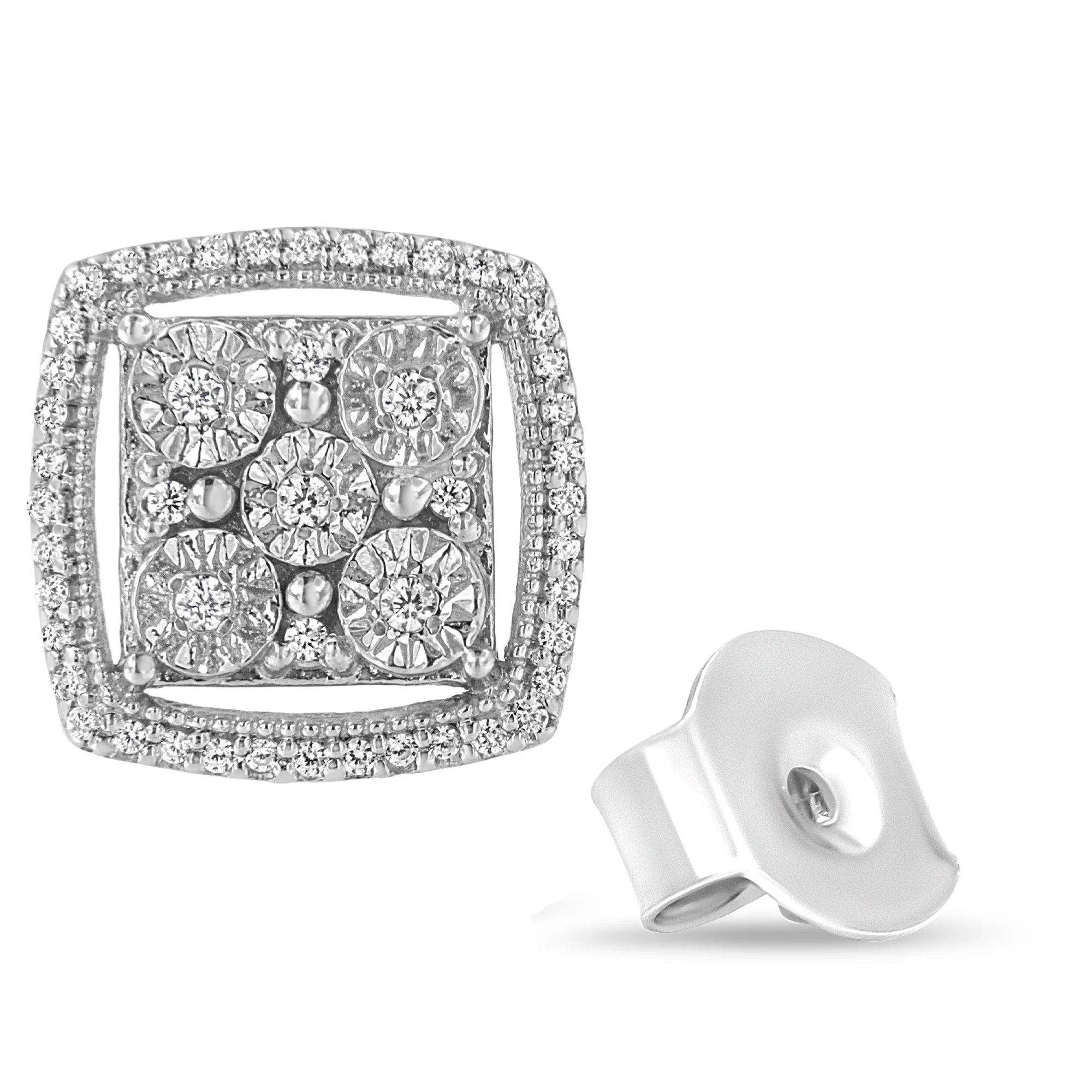 .925 Sterling Silver 3/8 Cttw Miracle Set Round Diamond Double Halo Cluster Earrings (I-J Color, I2-I3 Clarity) - Image 3