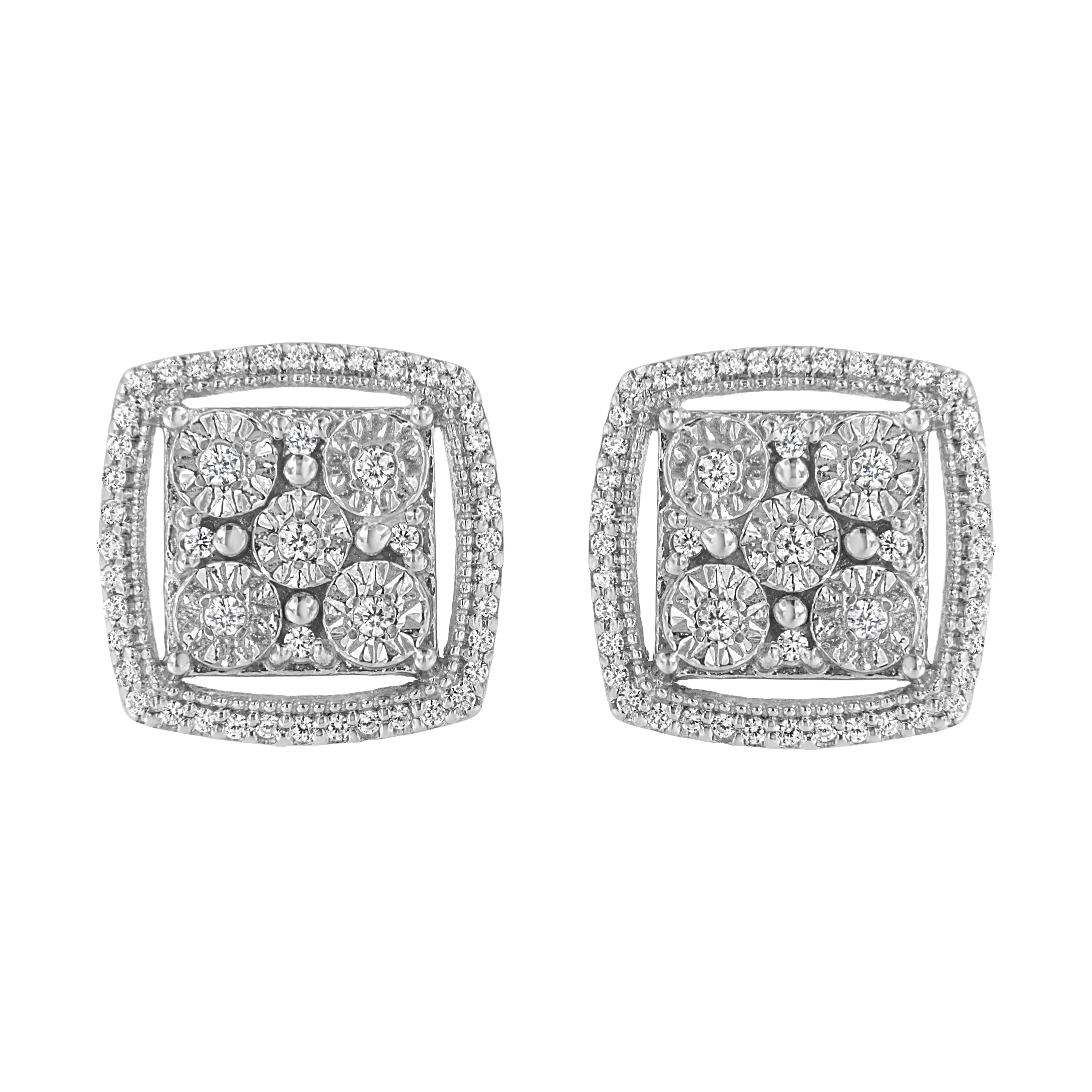 .925 Sterling Silver 3/8 Cttw Miracle Set Round Diamond Double Halo Cluster Earrings (I-J Color, I2-I3 Clarity) - Image 4