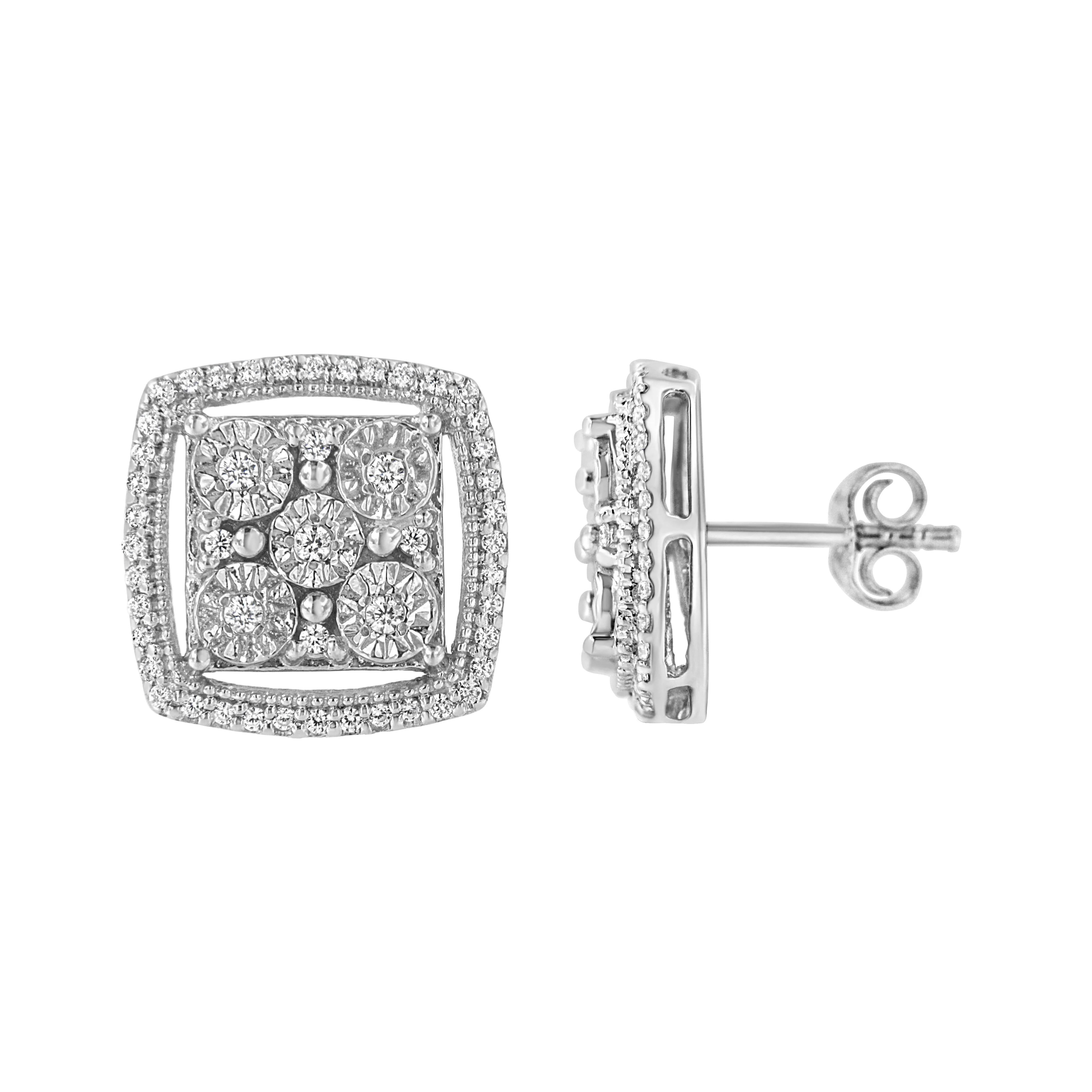 .925 Sterling Silver 3/8 Cttw Miracle Set Round Diamond Double Halo Cluster Earrings (I-J Color, I2-I3 Clarity) - Image 5