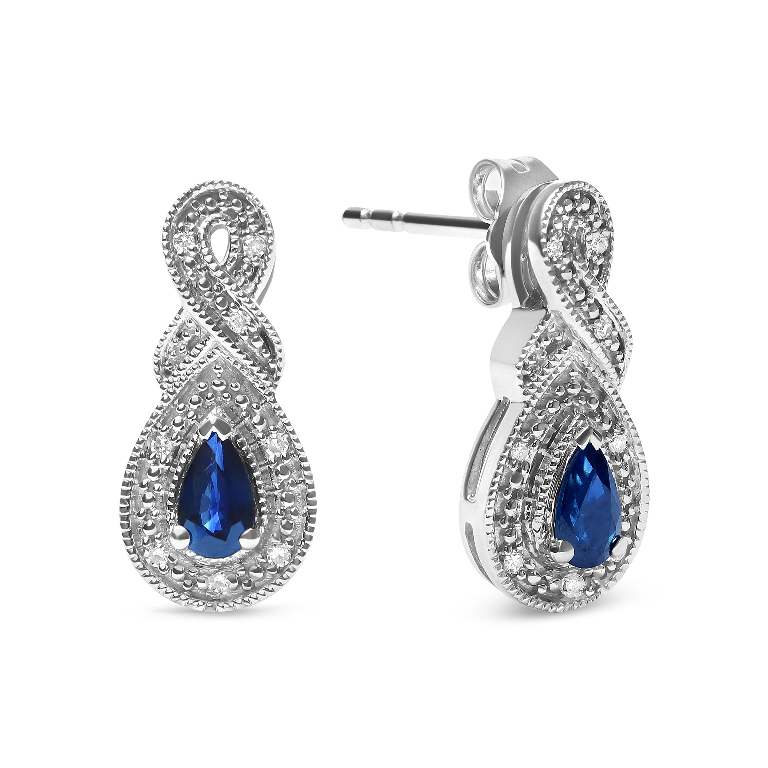 .925 Sterling Silver 4.5 x 3mm Pear Sapphire Gemstone and Diamond Accent Infinity Drop Stud Earrings (H-I Color, SI1-SI2 Clarity) - Image 5