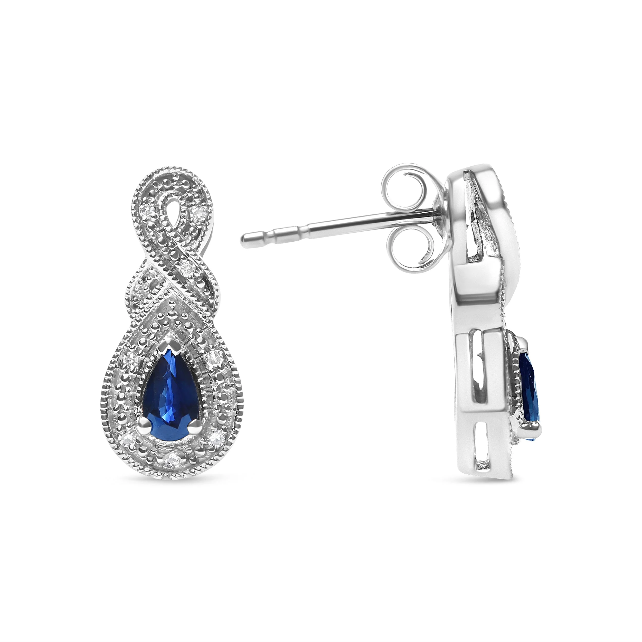 .925 Sterling Silver 4.5 x 3mm Pear Sapphire Gemstone and Diamond Accent Infinity Drop Stud Earrings (H-I Color, SI1-SI2 Clarity) - Image 6