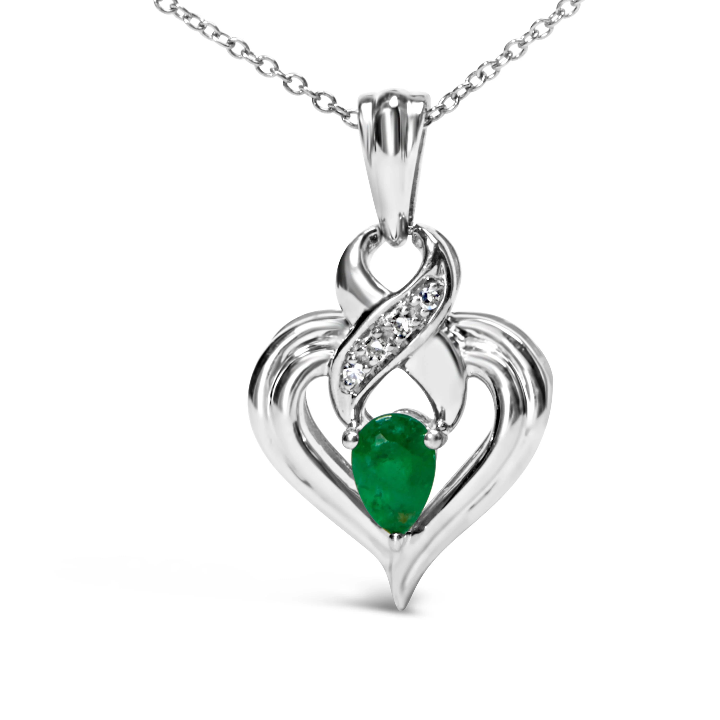 .925 Sterling Silver 6x4mm Pear Emerald and Diamond Accent Heart Pendant Necklace (H-I Color, SI1-SI2 Clarity) - 18 Inches - Image 2