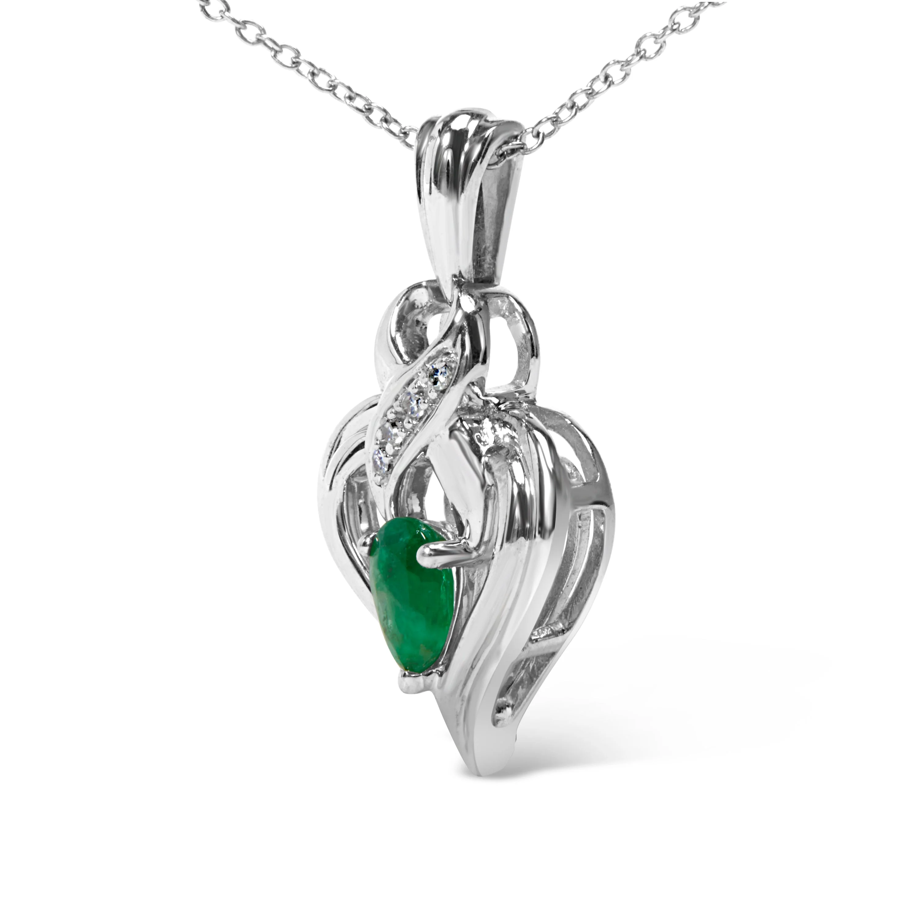 .925 Sterling Silver 6x4mm Pear Emerald and Diamond Accent Heart Pendant Necklace (H-I Color, SI1-SI2 Clarity) - 18 Inches - Image 6
