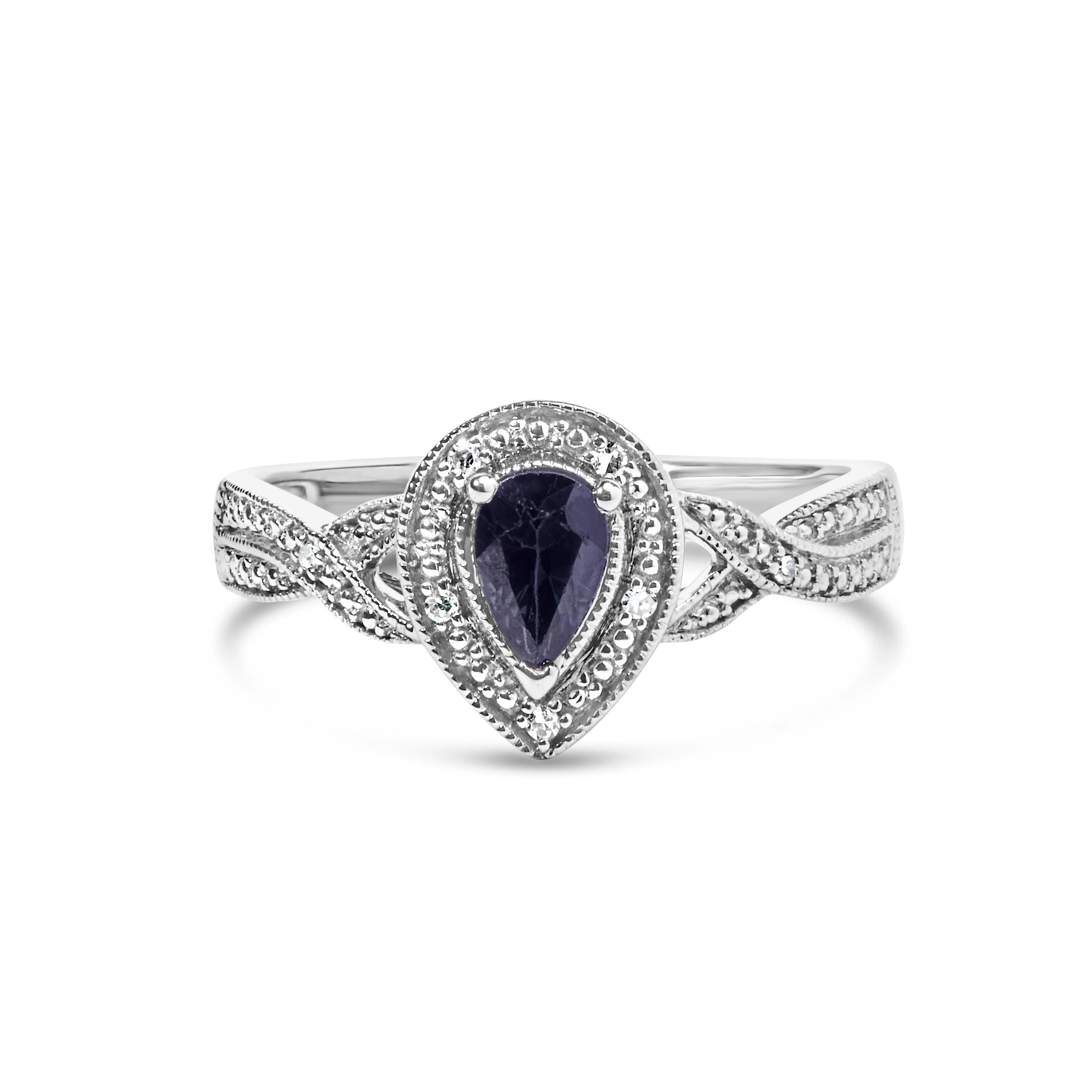 .925 Sterling Silver 6x4mm Pear Sapphire Gemstone with Diamond Accent Fashion Halo Ring (H-I Color, SI1-SI2 Clarity) - Size 7