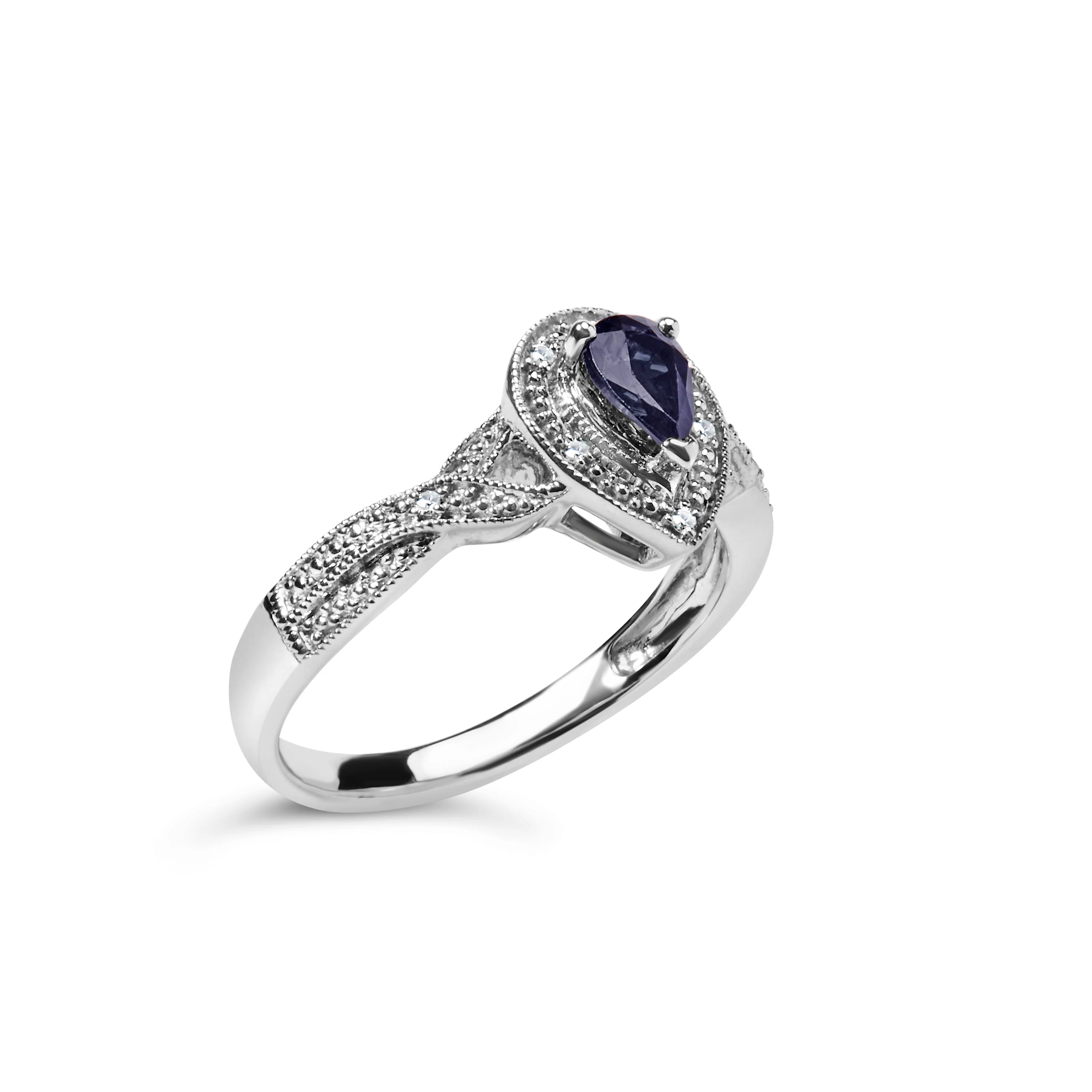 .925 Sterling Silver 6x4mm Pear Sapphire Gemstone with Diamond Accent Fashion Halo Ring (H-I Color, SI1-SI2 Clarity) - Size 7 - Image 8