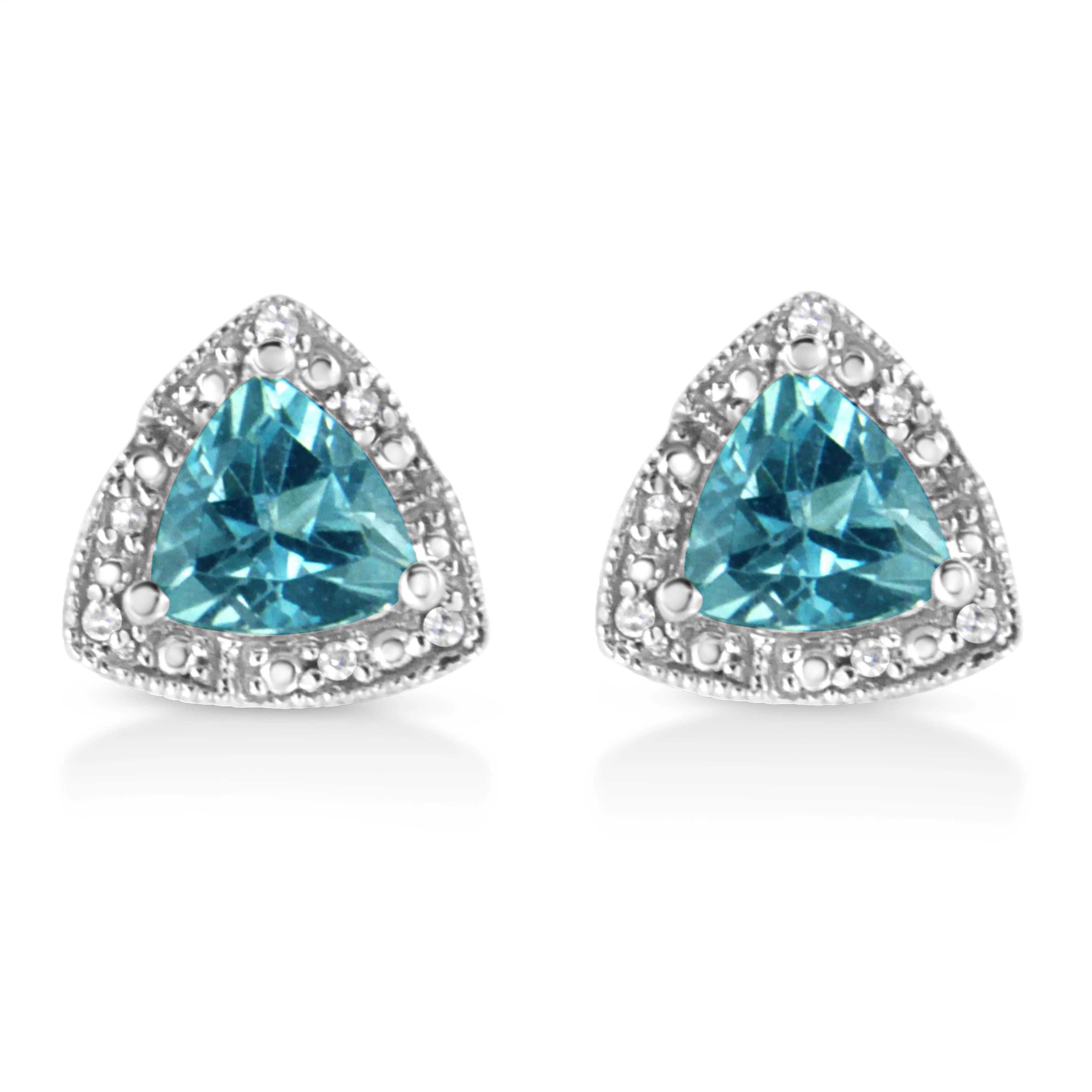 .925 Sterling Silver 6x6 mm Trillion Cut Blue Topaz Gemstone and Diamond Accent Stud Earring (I-J Color, I1-I2 Clarity) - Image 2