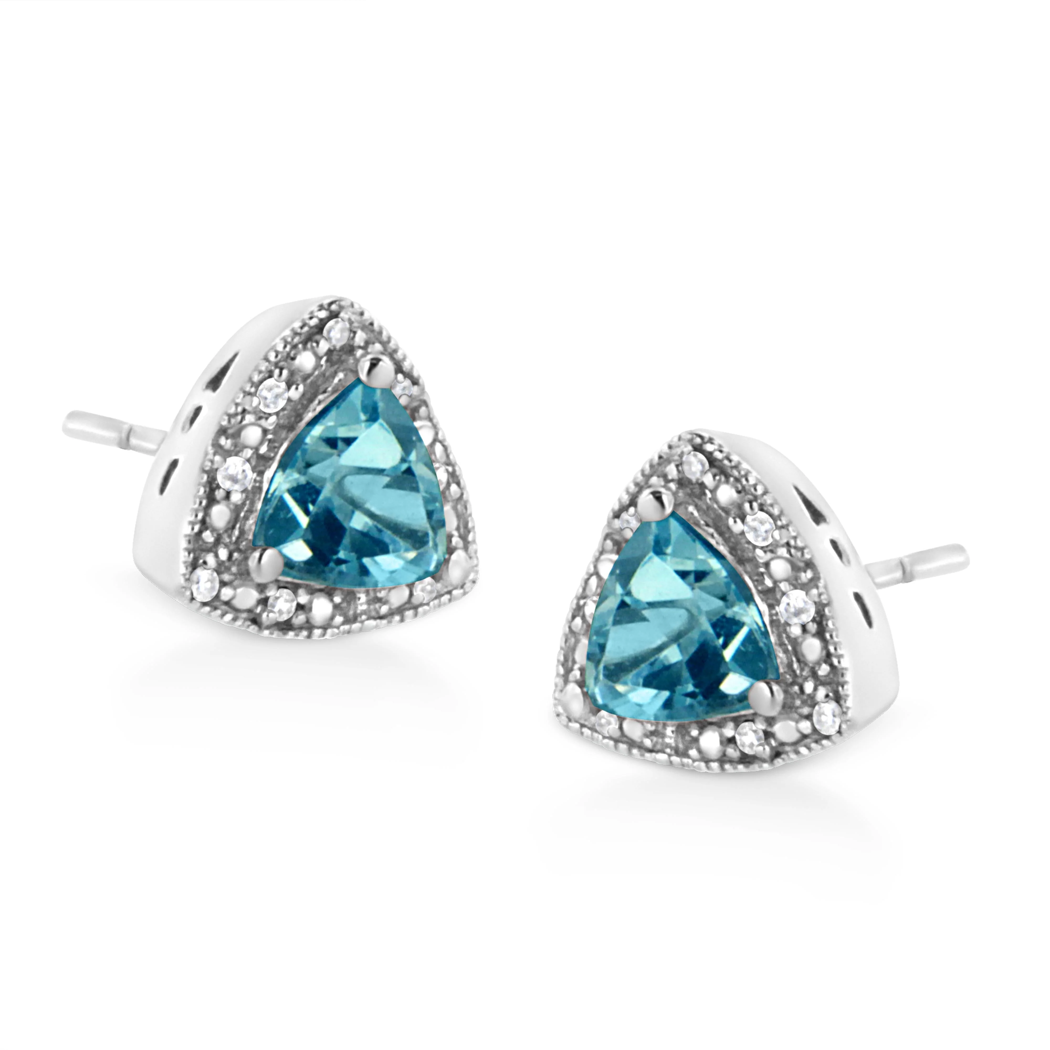 .925 Sterling Silver 6x6 mm Trillion Cut Blue Topaz Gemstone and Diamond Accent Stud Earring (I-J Color, I1-I2 Clarity) - Image 4