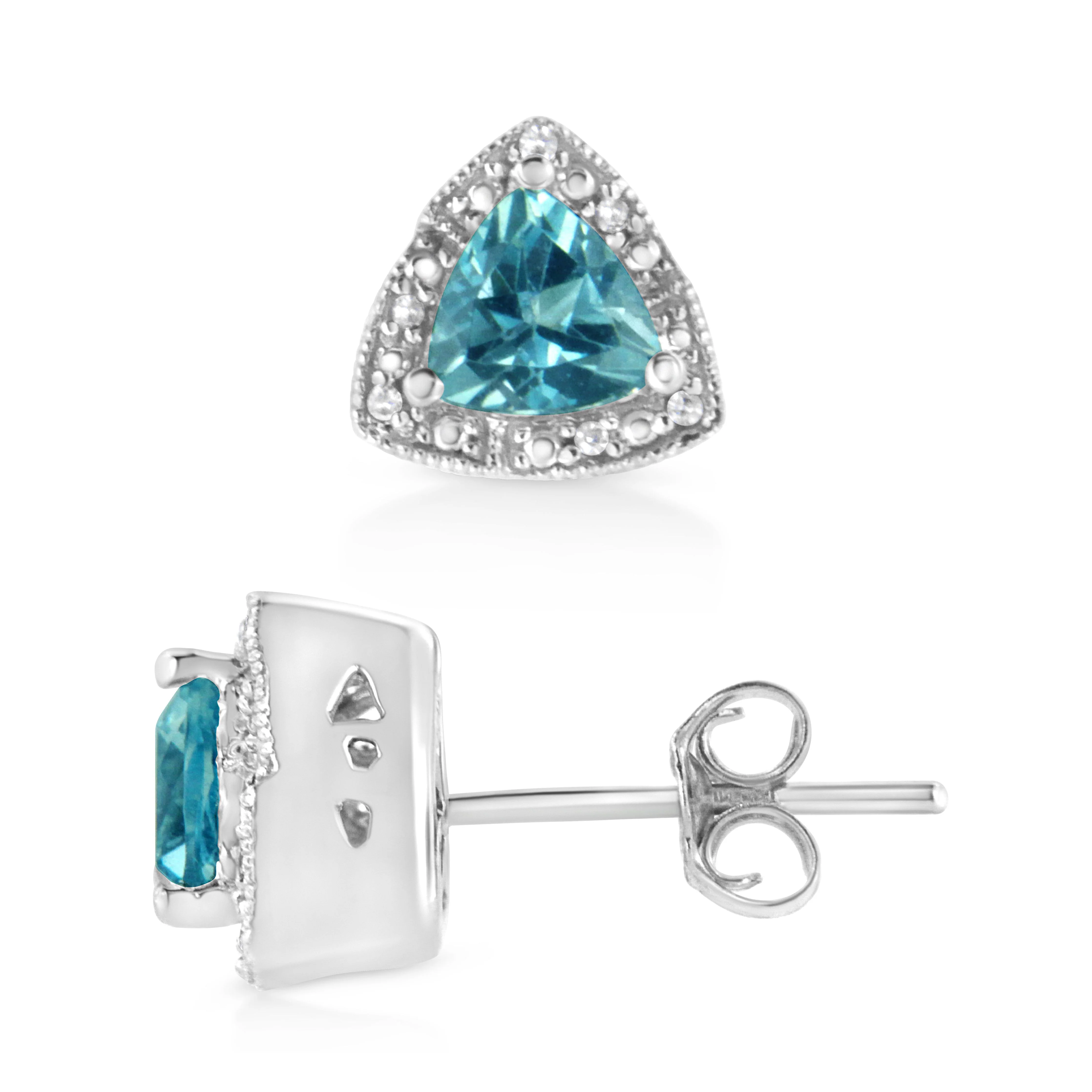 .925 Sterling Silver 6x6 mm Trillion Cut Blue Topaz Gemstone and Diamond Accent Stud Earring (I-J Color, I1-I2 Clarity) - Image 6