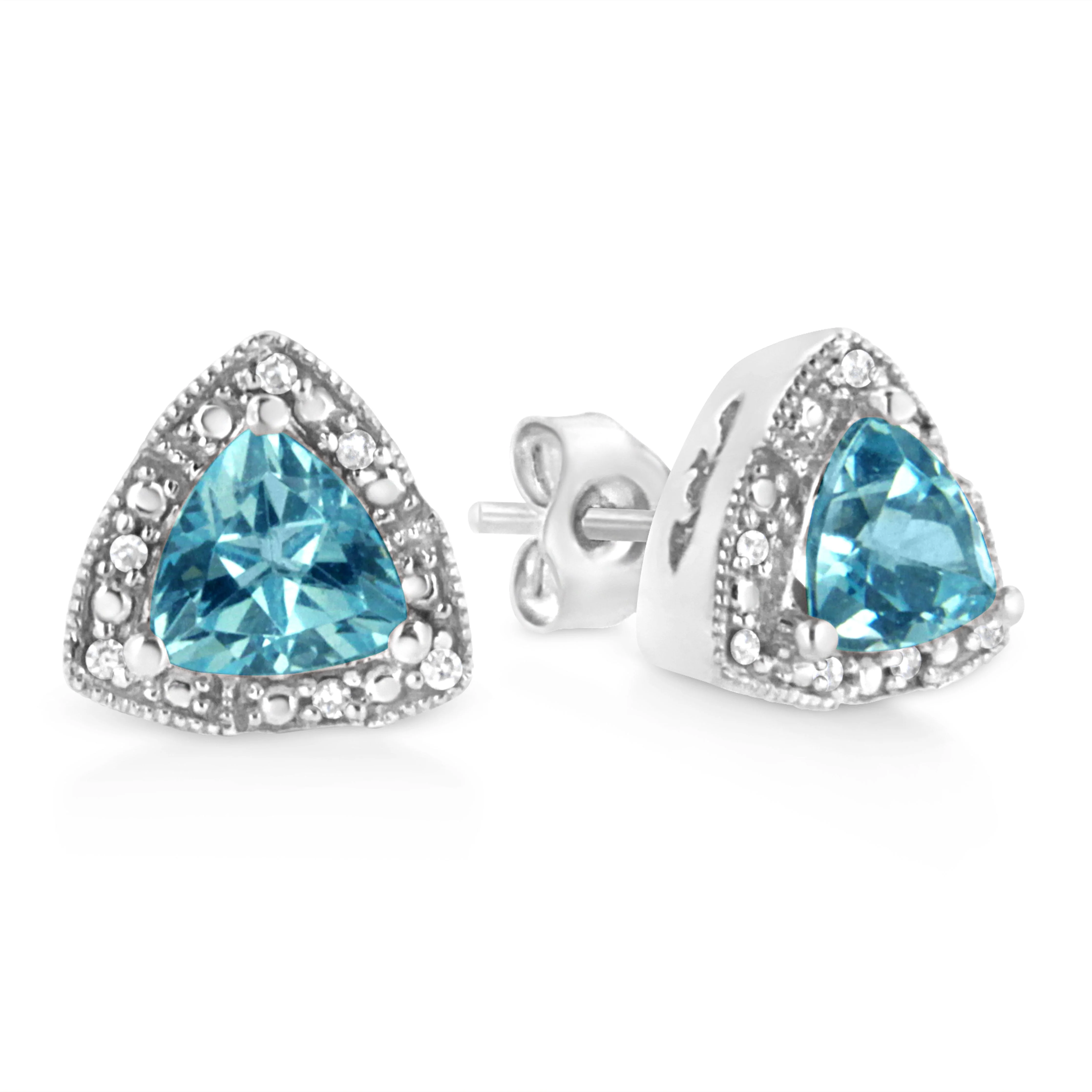 .925 Sterling Silver 6x6 mm Trillion Cut Blue Topaz Gemstone and Diamond Accent Stud Earring (I-J Color, I1-I2 Clarity) - Image 8