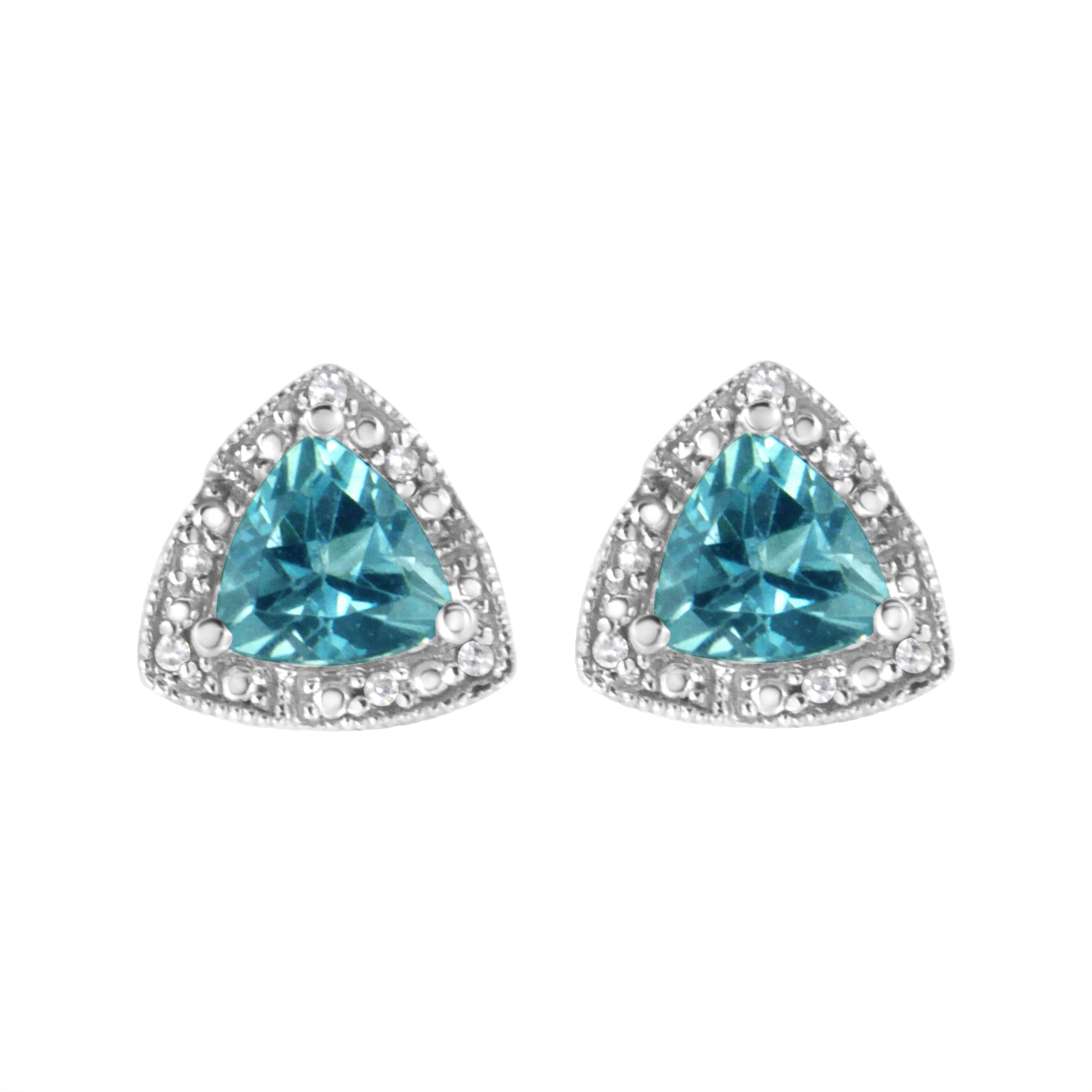 .925 Sterling Silver 6x6 mm Trillion Cut Blue Topaz Gemstone and Diamond Accent Stud Earring (I-J Color, I1-I2 Clarity) - Image 9