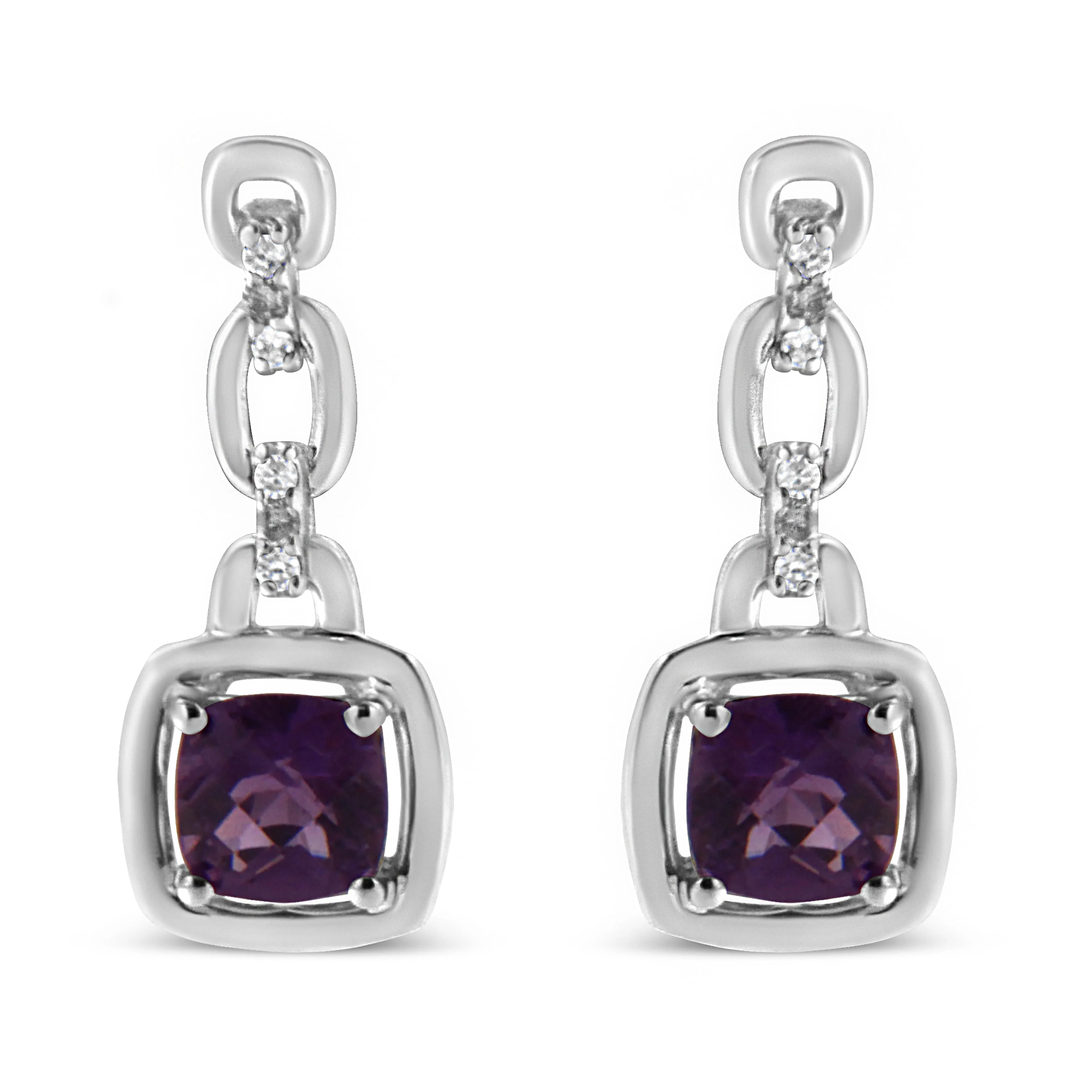 .925 Sterling Silver 6x6MM Cushion Shaped Natural Purple Amethyst and Diamond Accent Drop and Dangle Earrings (I-J Color, I1-I2 Clarity) - Image 2