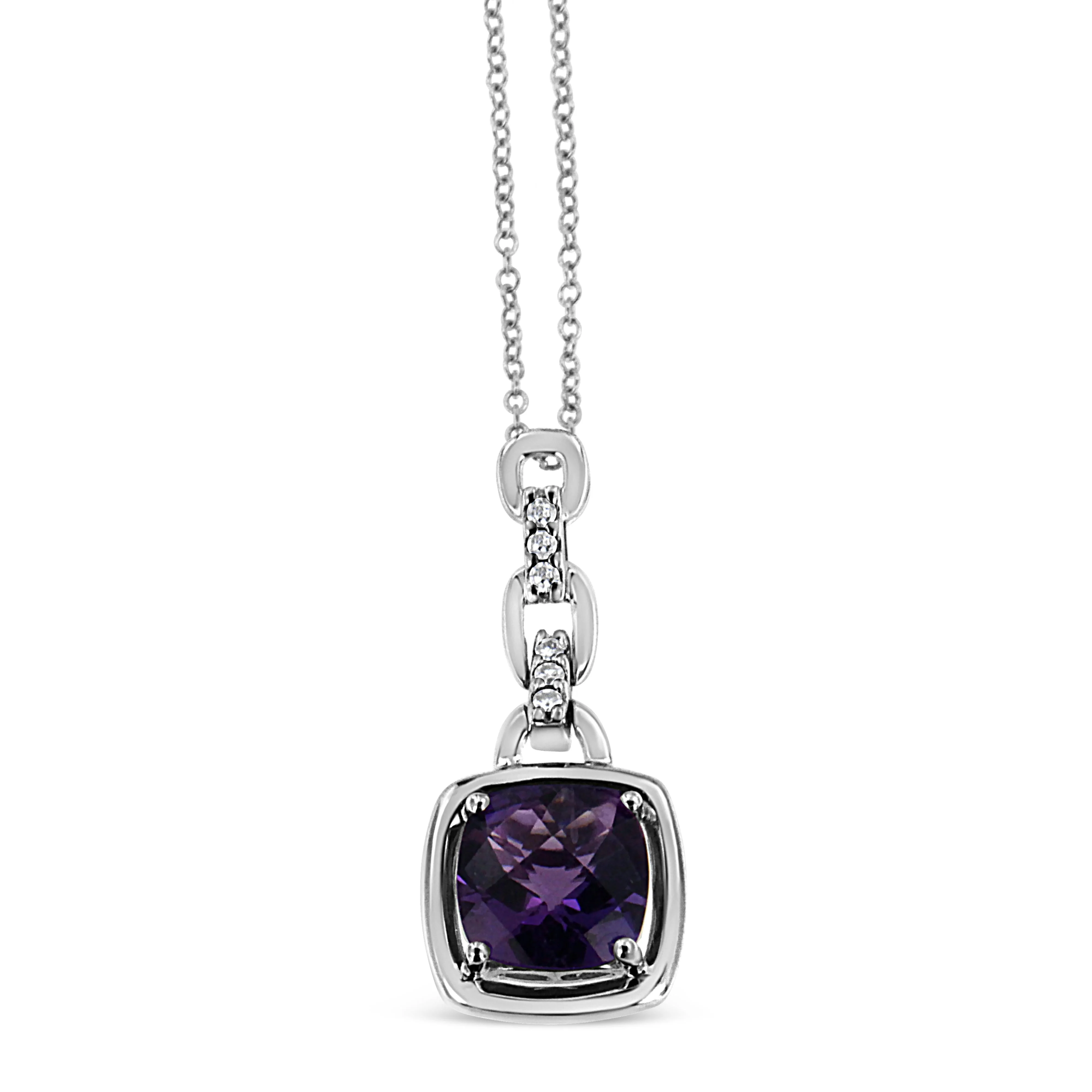 .925 Sterling Silver 6x6MM Cushion Shaped Natural Purple Amethyst and Diamond Accented Bale 18" Inch Pendant Necklace (I-J Color, I1-I2 Clarity) - Image 2