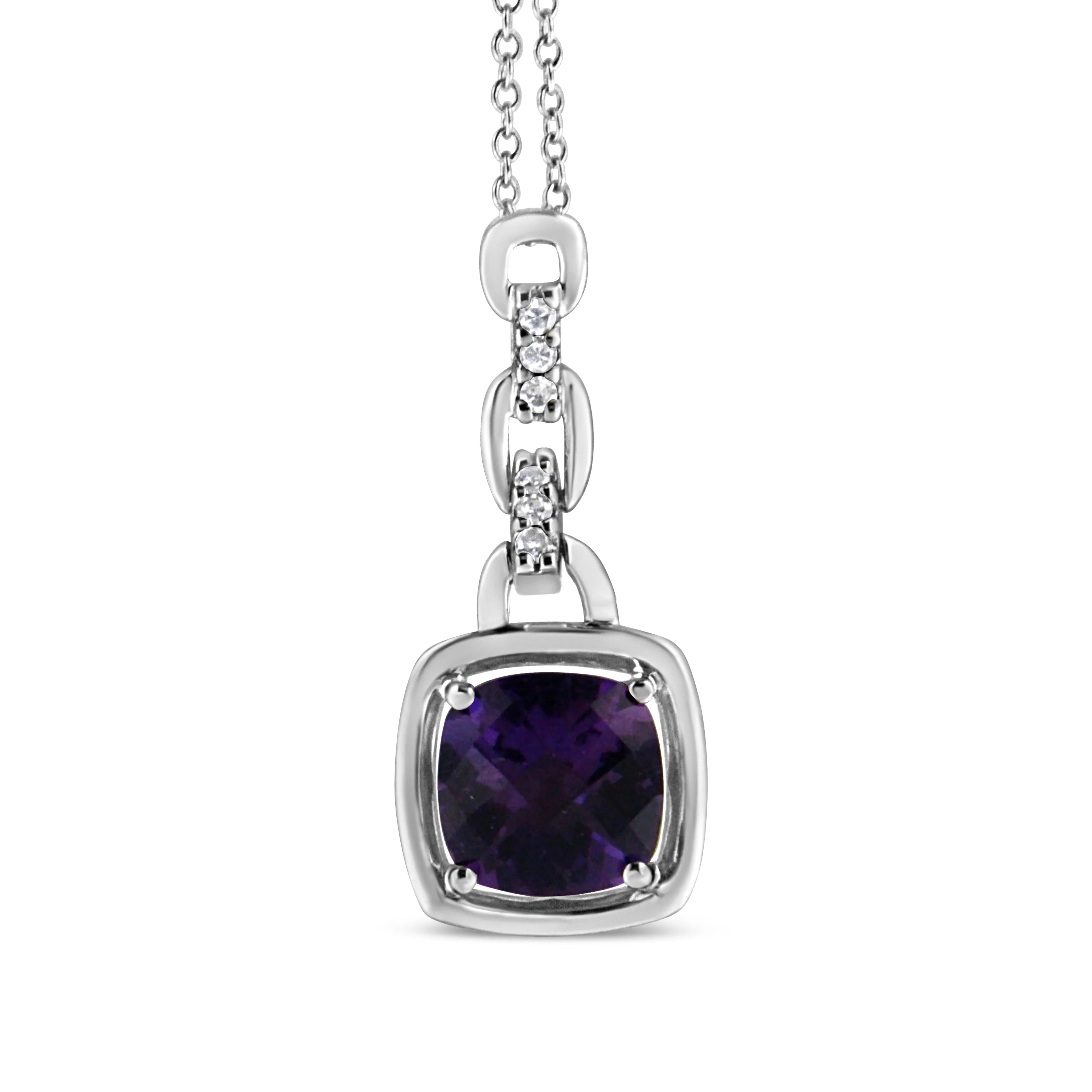 .925 Sterling Silver 6x6MM Cushion Shaped Natural Purple Amethyst and Diamond Accented Bale 18" Inch Pendant Necklace (I-J Color, I1-I2 Clarity) - Image 3
