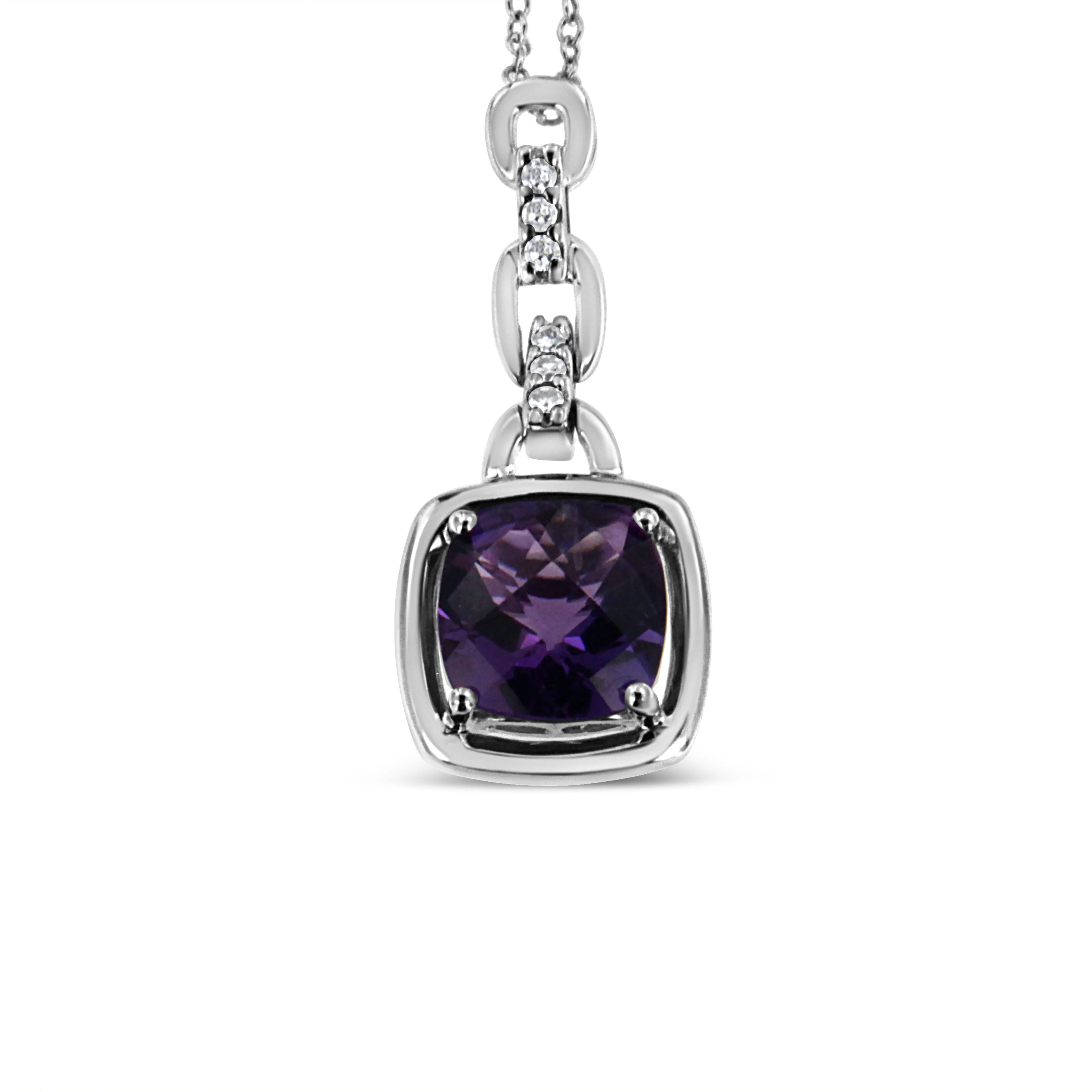.925 Sterling Silver 6x6MM Cushion Shaped Natural Purple Amethyst and Diamond Accented Bale 18" Inch Pendant Necklace (I-J Color, I1-I2 Clarity) - Image 8