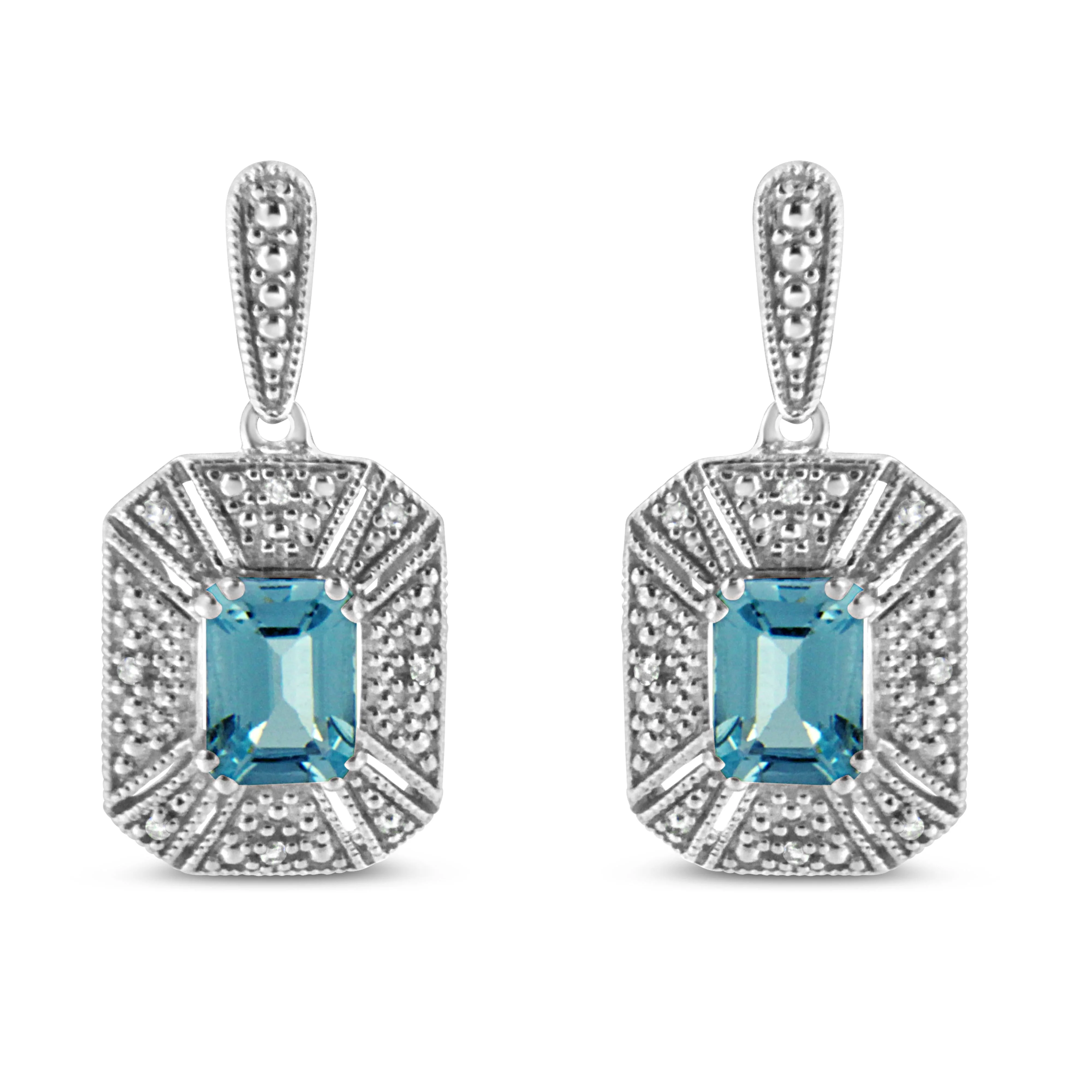 .925 Sterling Silver 7x5MM Emerald Shape Blue Topaz and Diamond Accent Art Deco Halo Style Drop and Dangle Earrings (I-J Color, I1-I2 Clarity) - Image 2