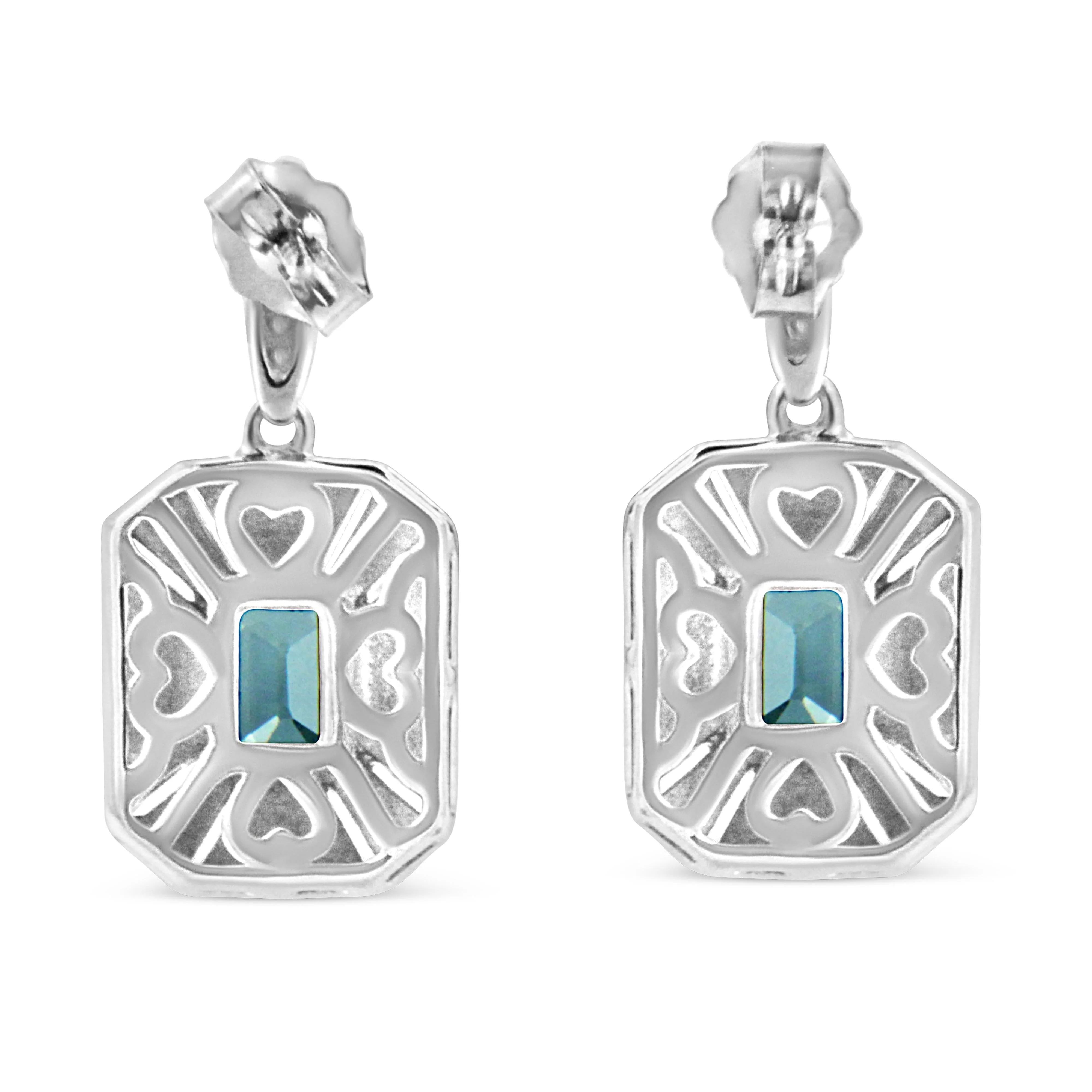 .925 Sterling Silver 7x5MM Emerald Shape Blue Topaz and Diamond Accent Art Deco Halo Style Drop and Dangle Earrings (I-J Color, I1-I2 Clarity) - Image 4