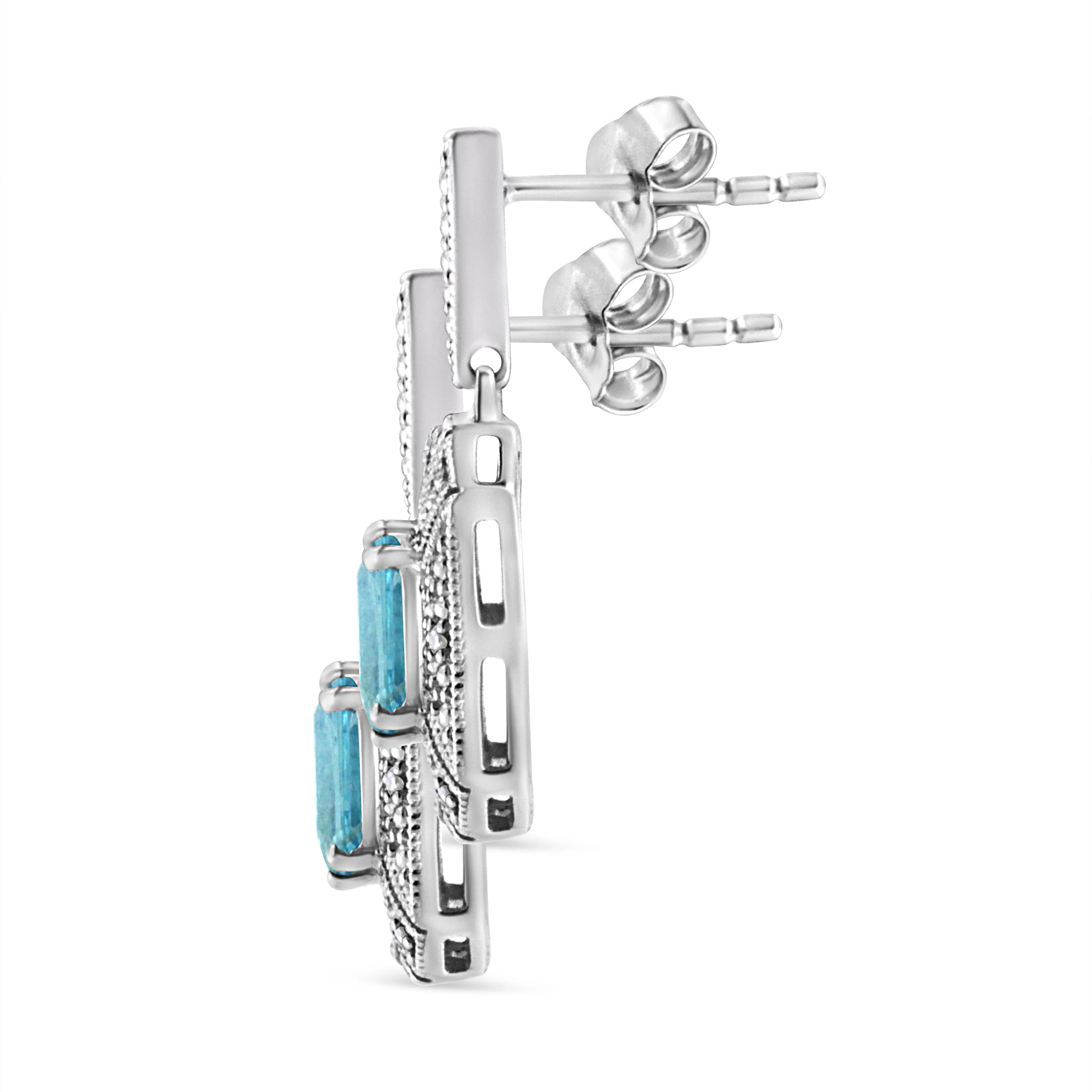 .925 Sterling Silver 7x5MM Emerald Shape Blue Topaz and Diamond Accent Art Deco Halo Style Drop and Dangle Earrings (I-J Color, I1-I2 Clarity) - Image 5