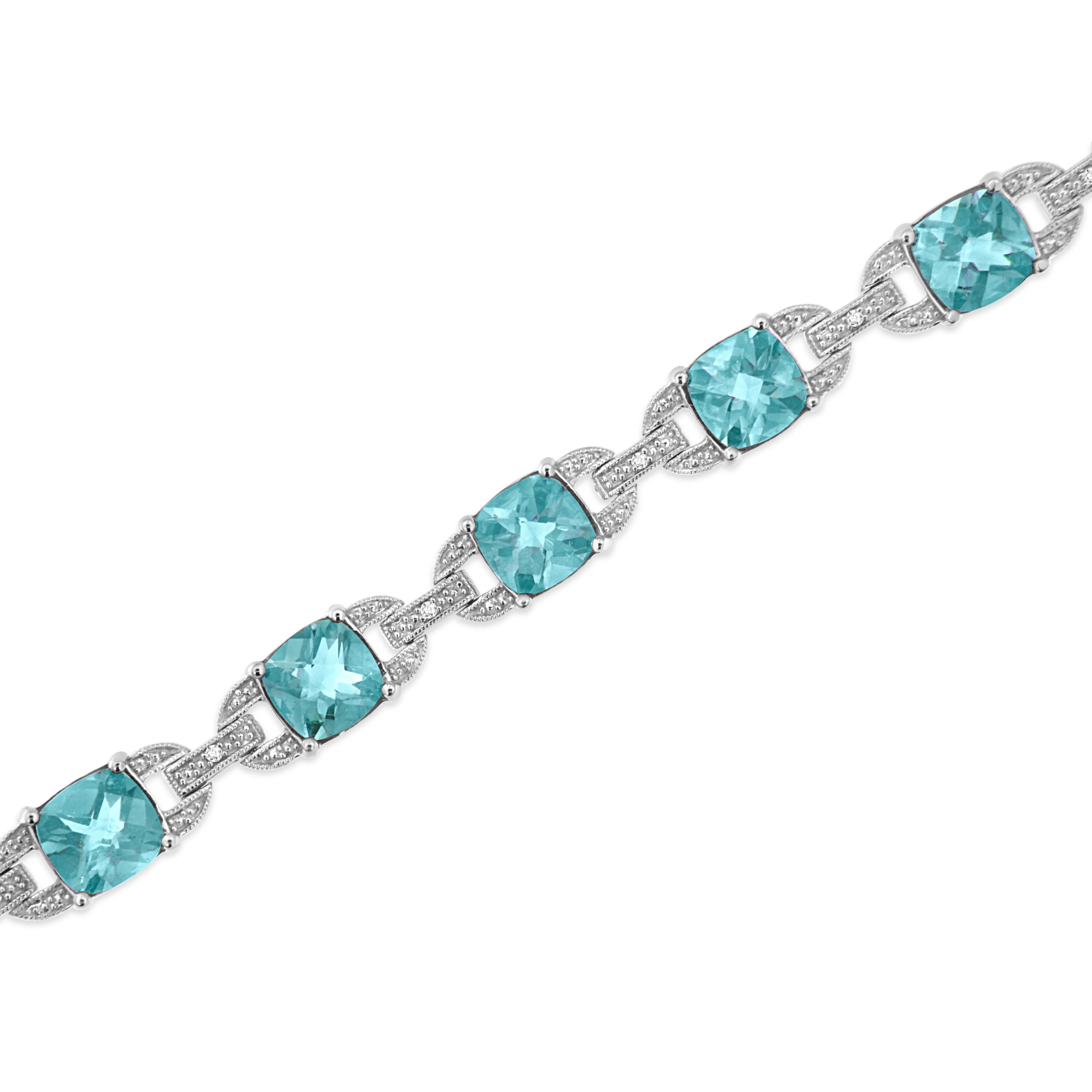 .925 Sterling Silver 7x7 mm Cushion Cut Blue Topaz and 1/20 cttw Round Cut Diamond Fashion Tennis Bracelet (I-J Color, I1-I2 Clarity) - 7" - Image 4